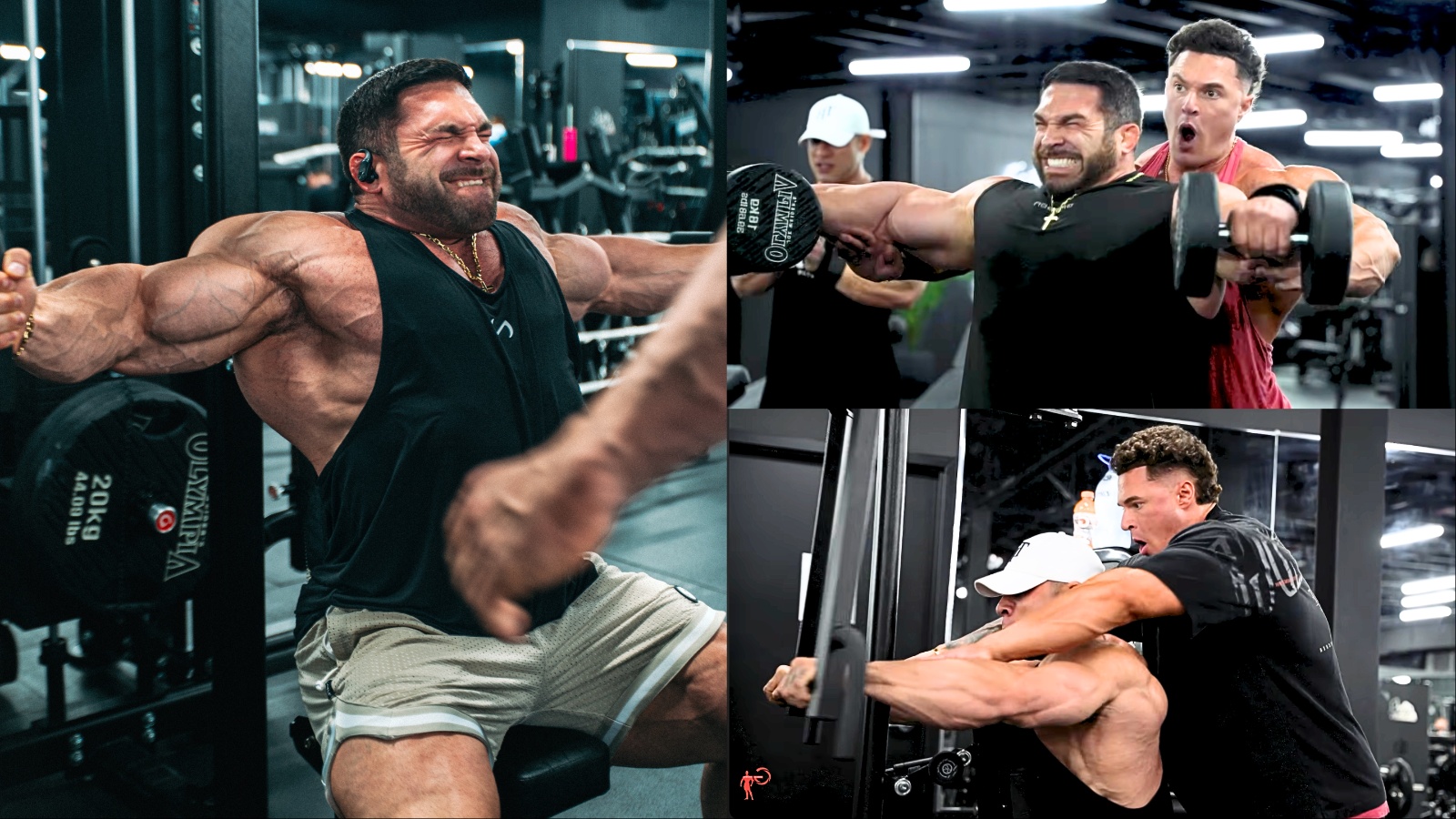 Atleta musculoso em pé, segurando halteres, executando elevação lateral enquanto máquinas de pec‑deck e press inclinado ao fundo
