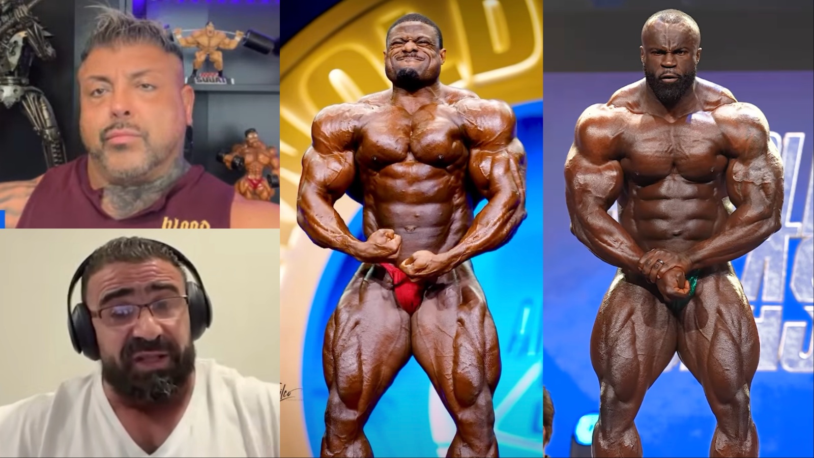 Dois fisiculturistas profissionais posando com músculos hipertrofiados e definidos sob luzes intensas de palco