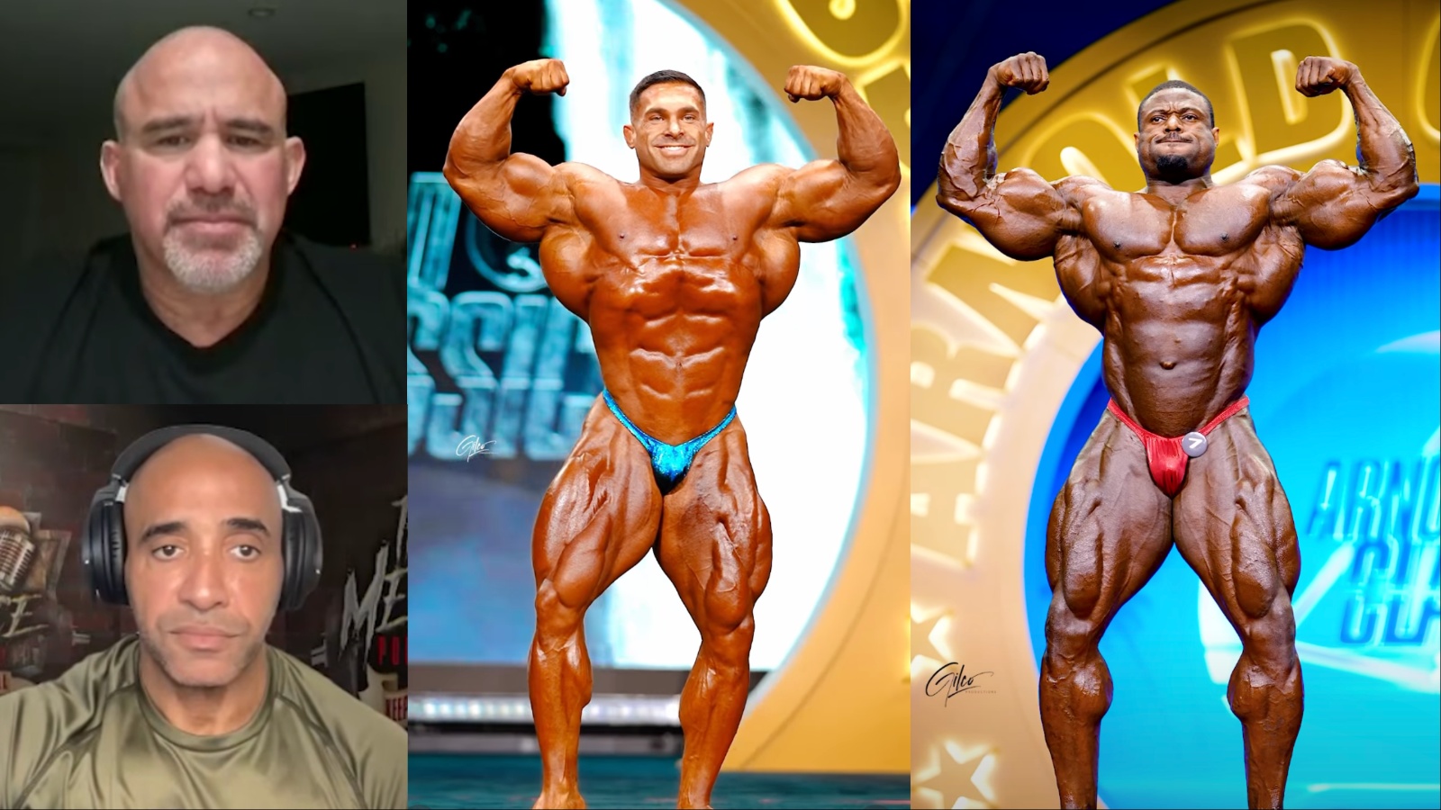 Fisiculturista profissional posando com musculatura definida sob luzes intensas de palco em competição de elite