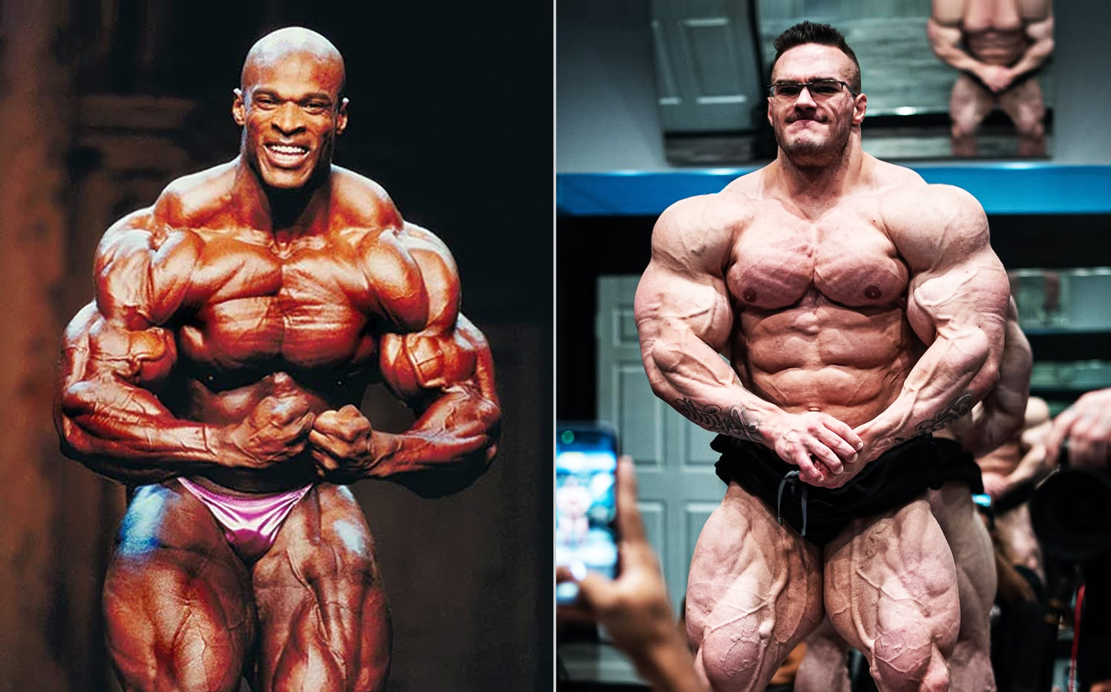 Corpo musculoso de Ronnie Coleman segurando o troféu Mr. Olympia ao lado de um haltere dourado