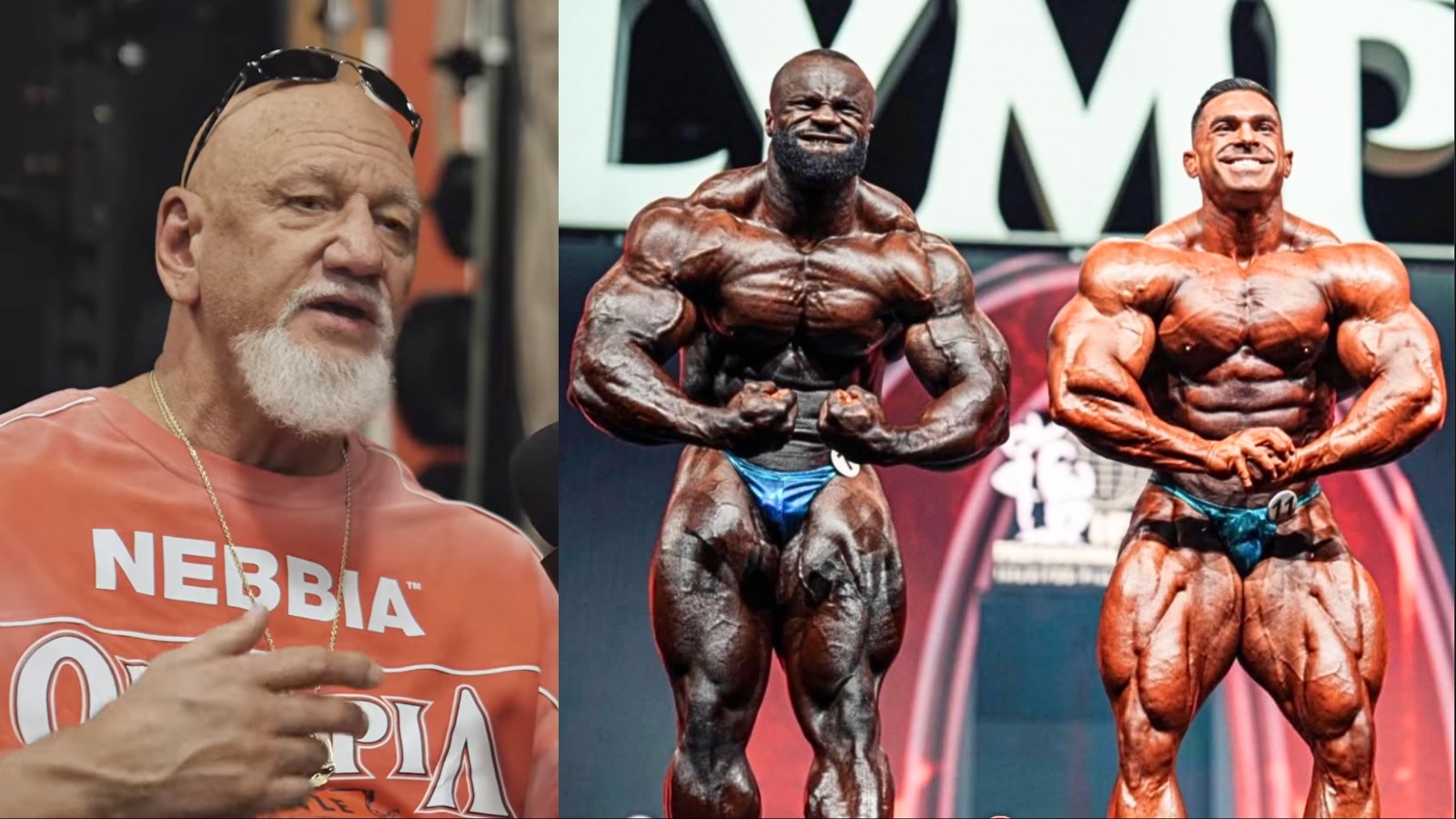 Fisiculturista posando em palco iluminado com troféu brilhante ao fundo, destacando definição muscular e performance