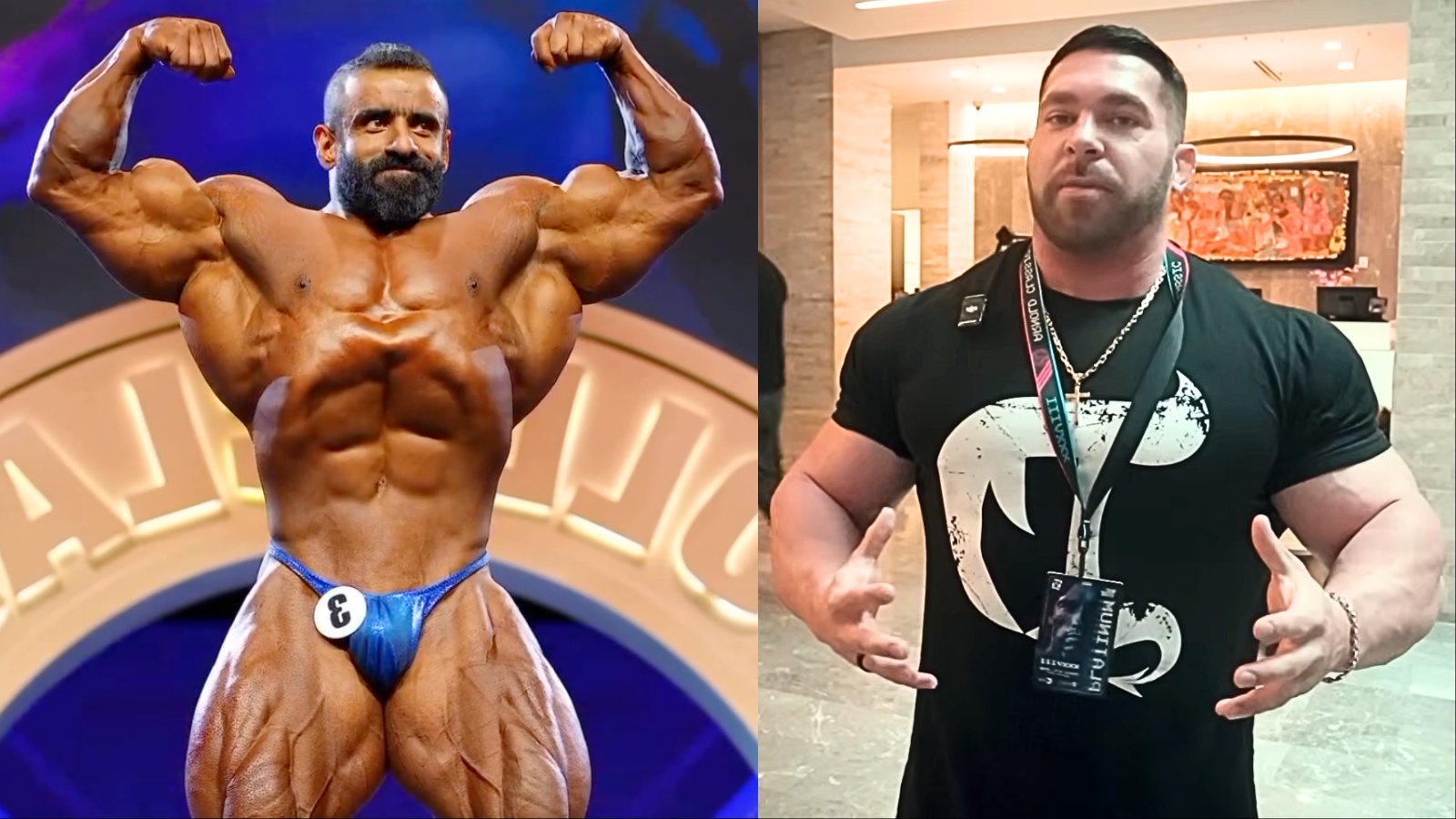 Um atleta de fisiculturismo com pernas massivas e definidas, segurando um peso e com uma barra de peso ao fundo