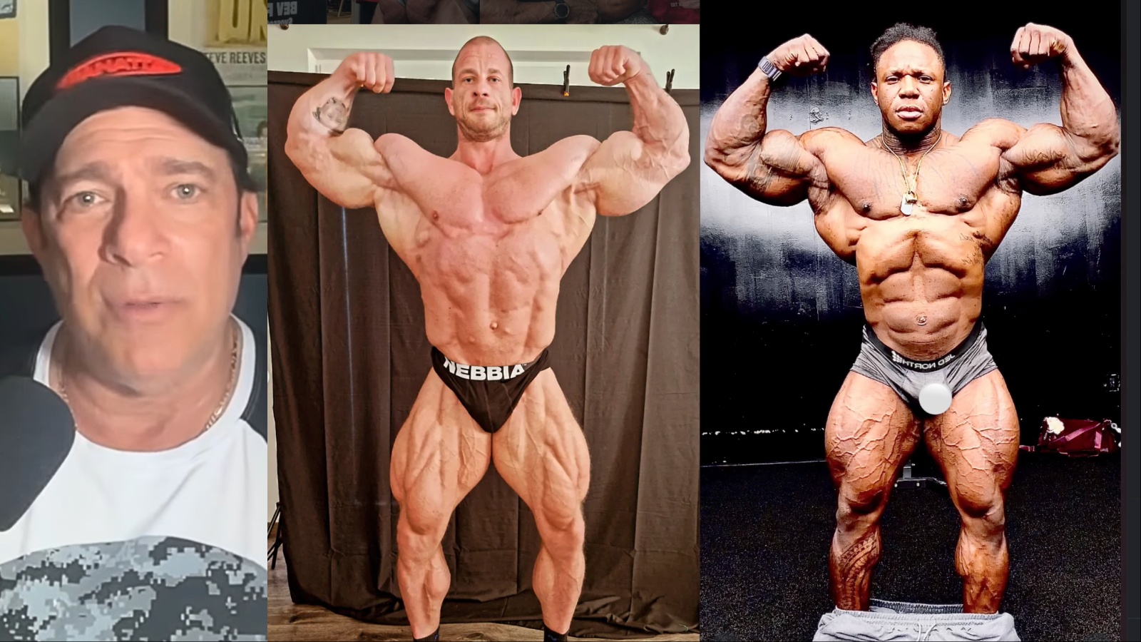 Fisiculturista profissional em pose de confronto no palco, exibindo hipertrofia muscular e definição sob luzes intensas