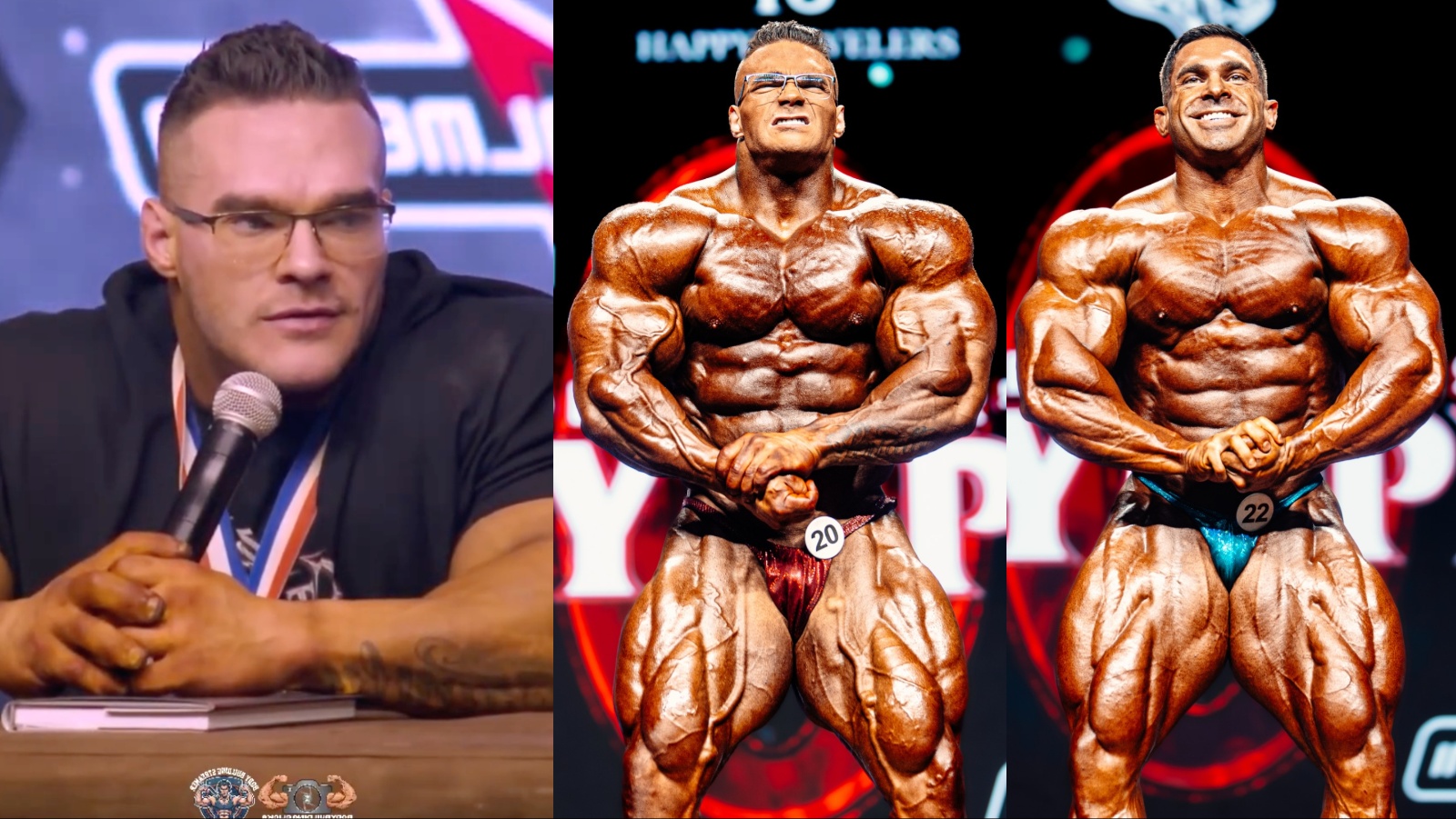 Nick Walker em pose de peito no palco do Mr. Olympia 2026, segurando o troféu sob luzes intensas e plateia vibrando