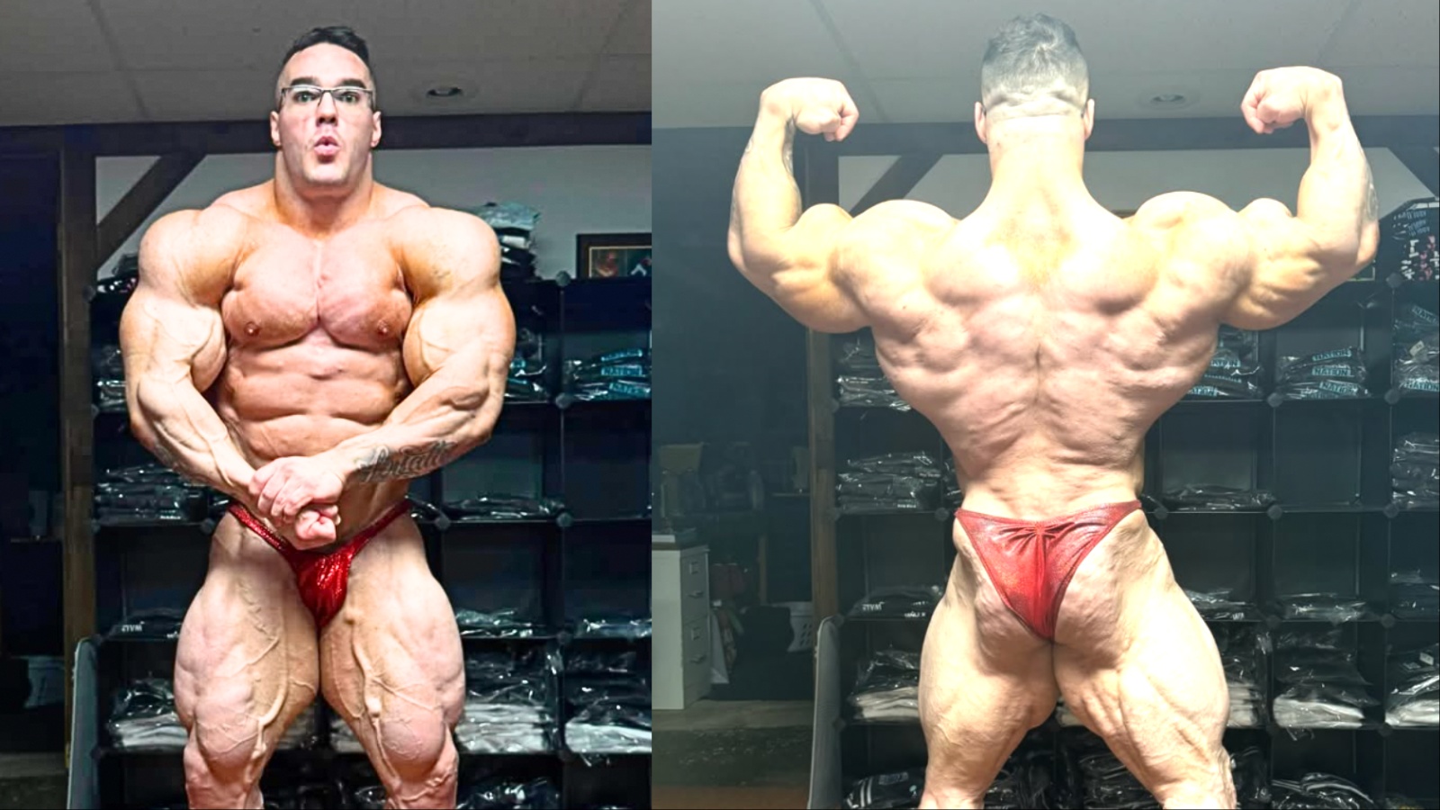 Nick Walker, musculoso, levanta halteres de 20 kg em frente a um espelho de academia, rodeado por garrafas de água e um cronômetro