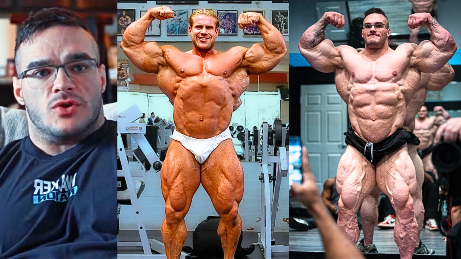 Nick Walker em pose de costas, segurando halteres, com troféus do Mr. Olympia e Arnold Classic ao fundo
