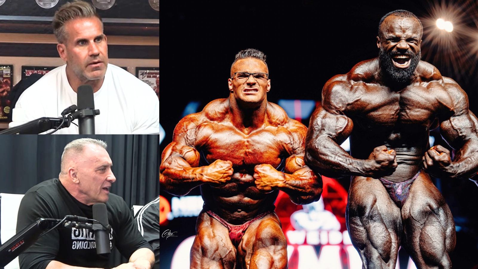 Nick Walker, de pé no palco do Mr. Olympia, exibe ombros largos, bíceps volumosos e segura o troféu sob luzes brilhantes