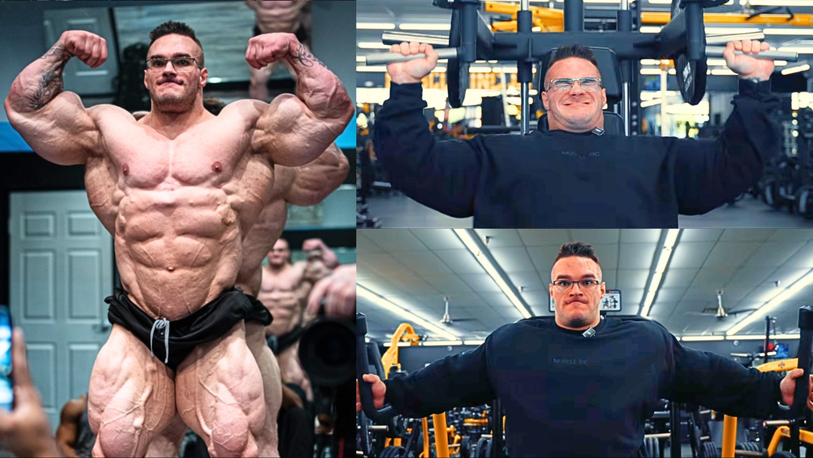 Homem musculoso executando supino reto com barra, ao lado de halteres e um copo de shake de proteína