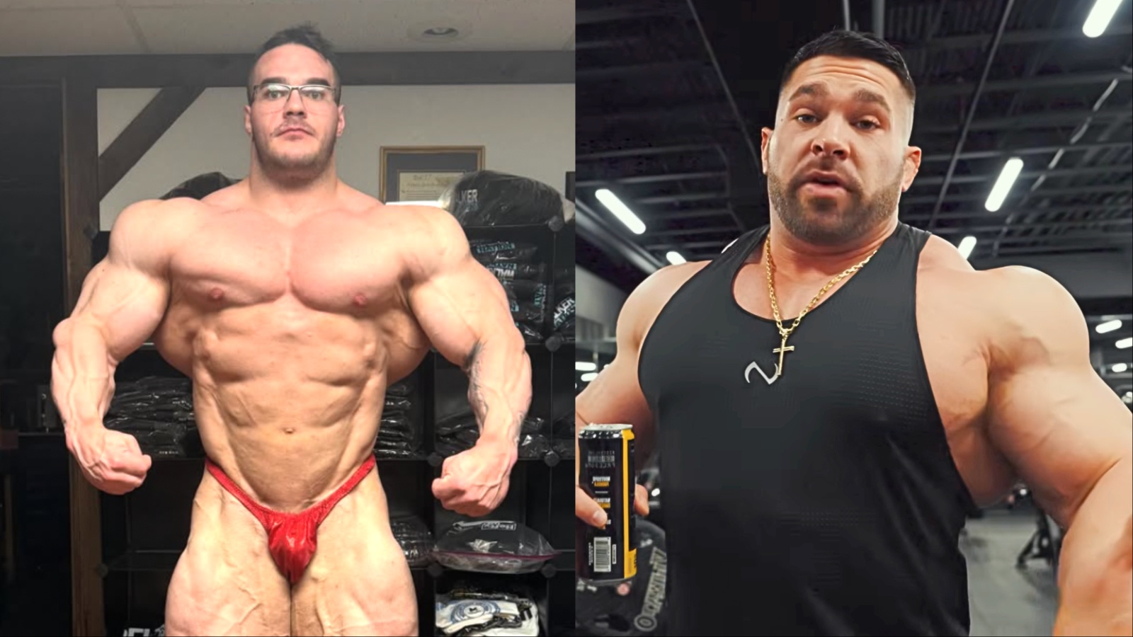 Nick Walker posando com musculatura hipertrofiada em uma academia de alta performance com halteres ao fundo