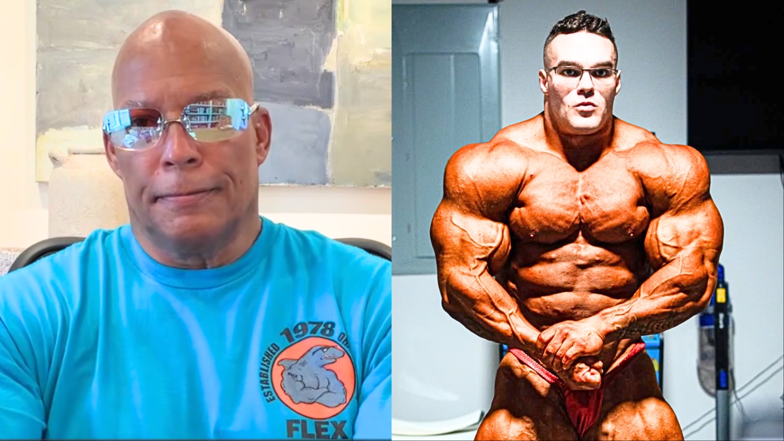 Um homem magro e musculoso, com um prato de frango grelhado e vegetais, ao lado de uma máquina de cardio em uma sala de treino bem iluminada