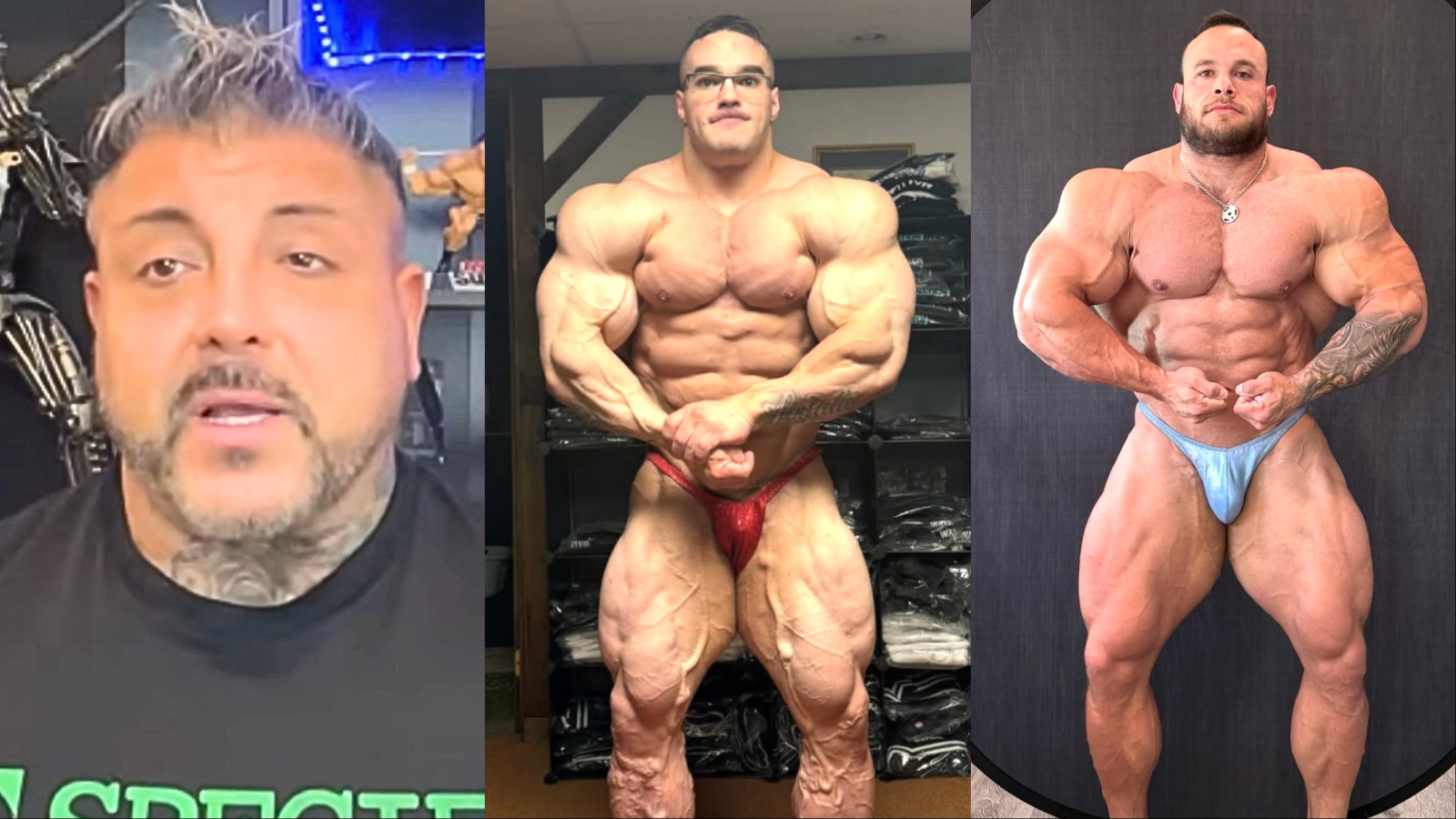 Atletas musculados se aquecem em frente a uma mesa de suplementos e uma pilha de frutas frescas