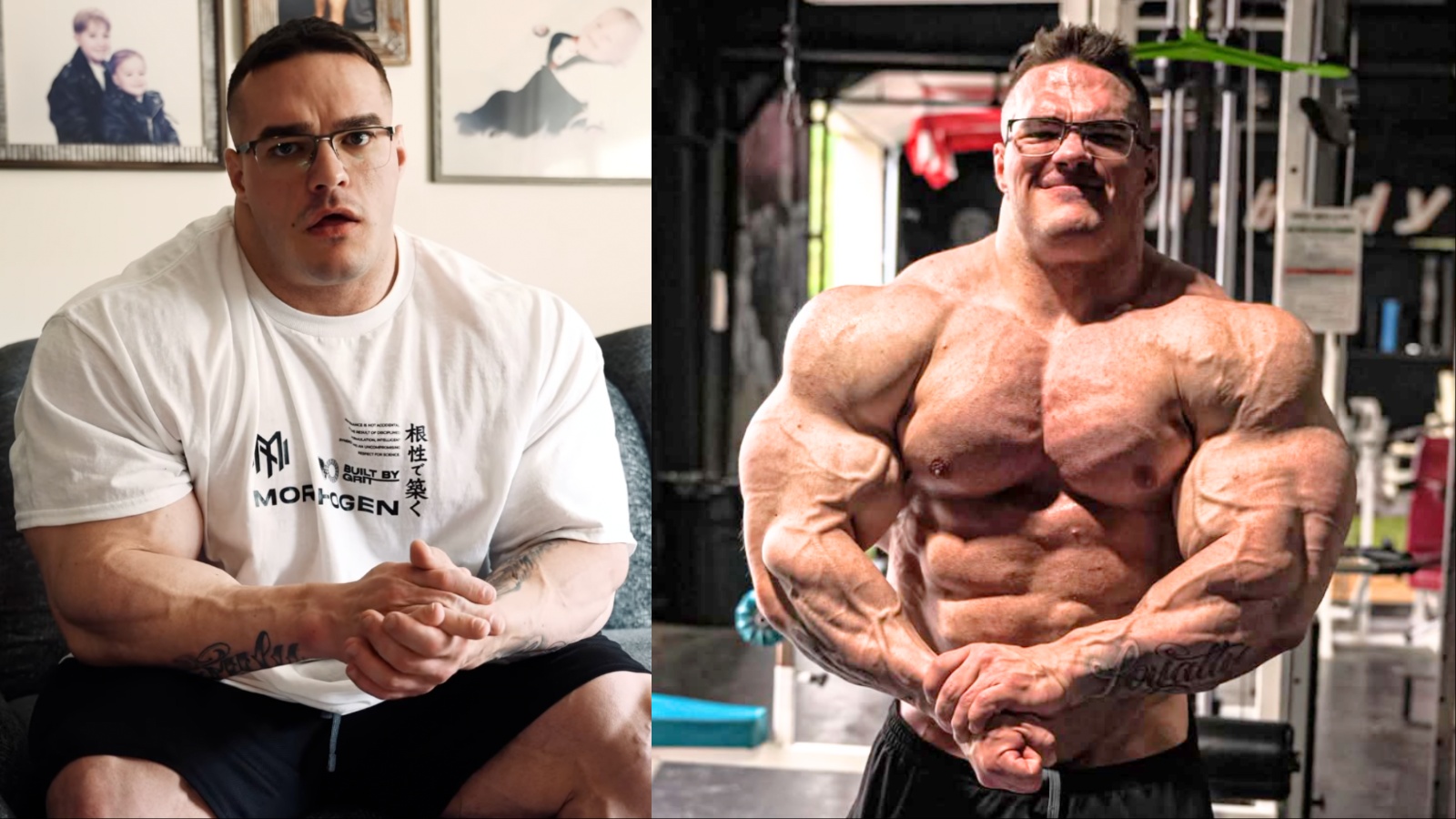 Um homem musculoso com definção muscular, segurando um frasco de proteína e um prato com frutas, em frente a uma parede de exercícios