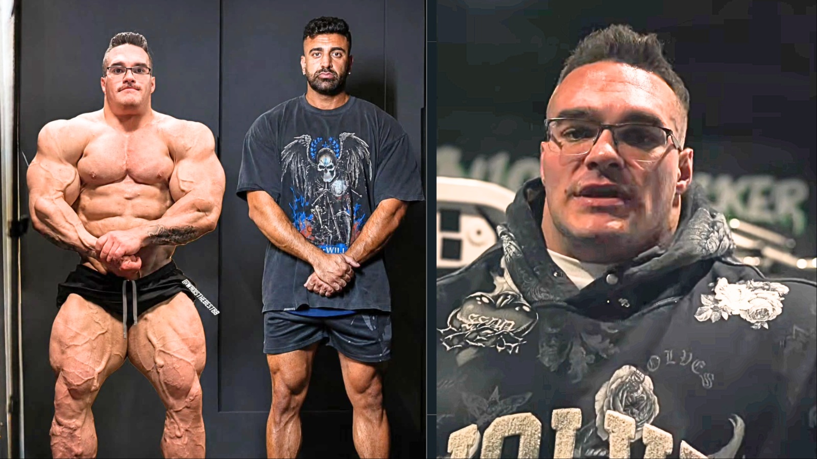 Um homem musculoso, com um bigode e cabelo loiro, sentado em uma bancada de treino, com um copo de proteína em uma mão e um peso na outra