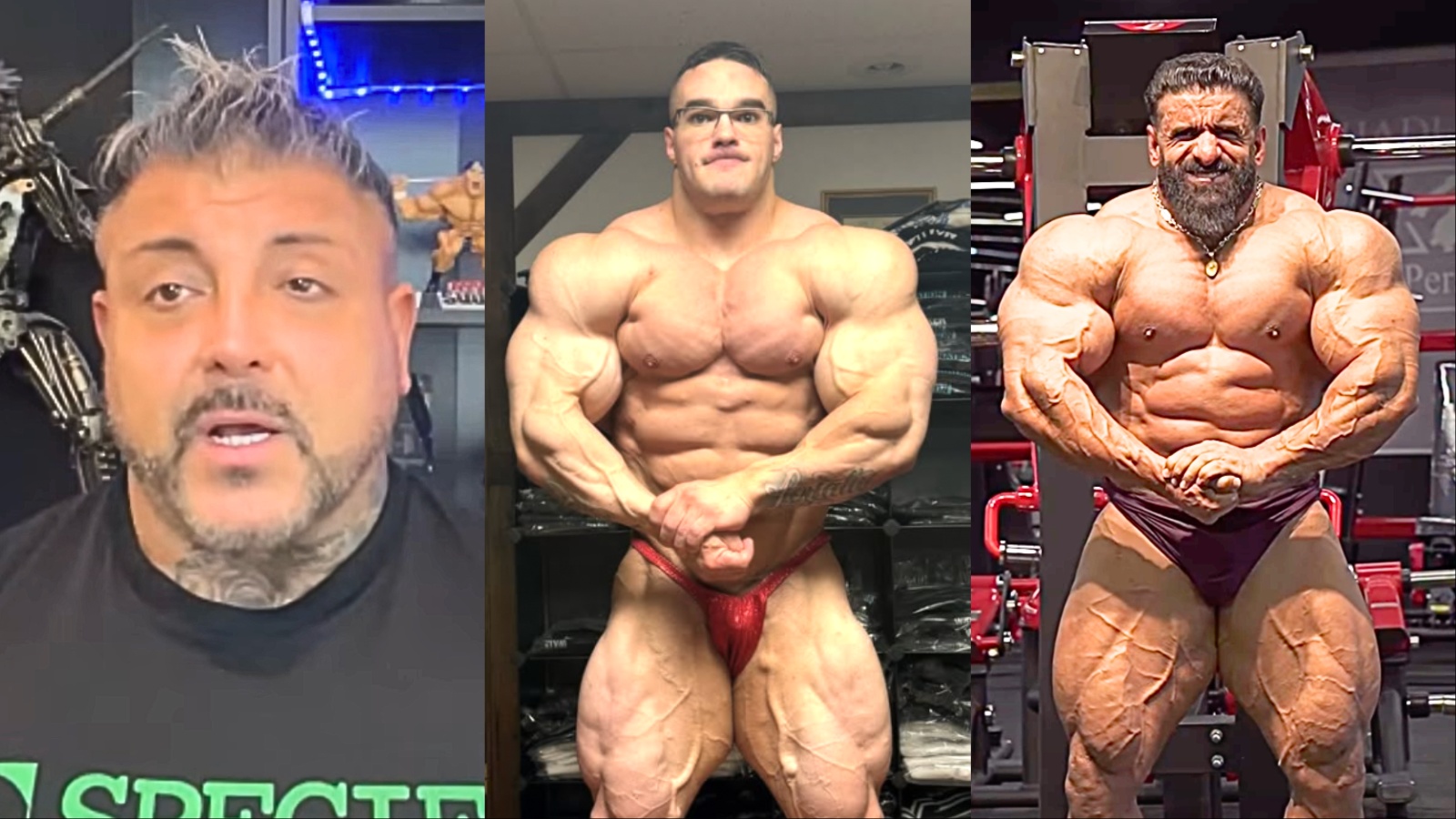 Um homem com músculos definidos e uma musculatura de competição, segurando um prato com frango grelhado e verduras