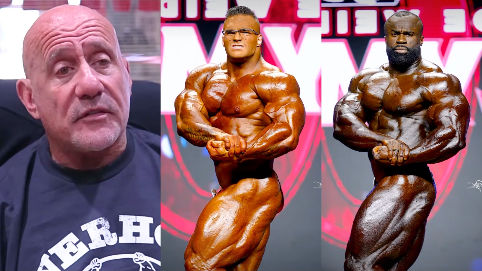 Nick Walker e Samson Dauda em pose de competição no palco iluminado do Arnold Classic, segurando halteres