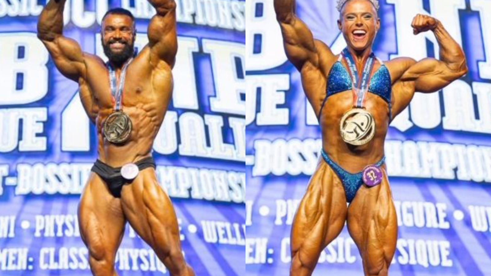 Atleta de fisiculturismo em pose de vitória, segurando um copo de whey, ao lado de medalhas e bandeiras olímpicas