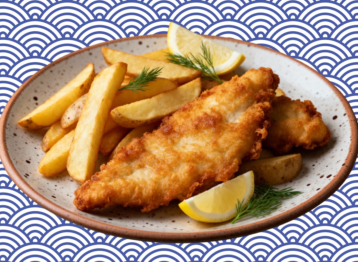 Filé de peixe dourado com salada fresca e limão, servido em prato sobre mesa de madeira com talheres metálicos