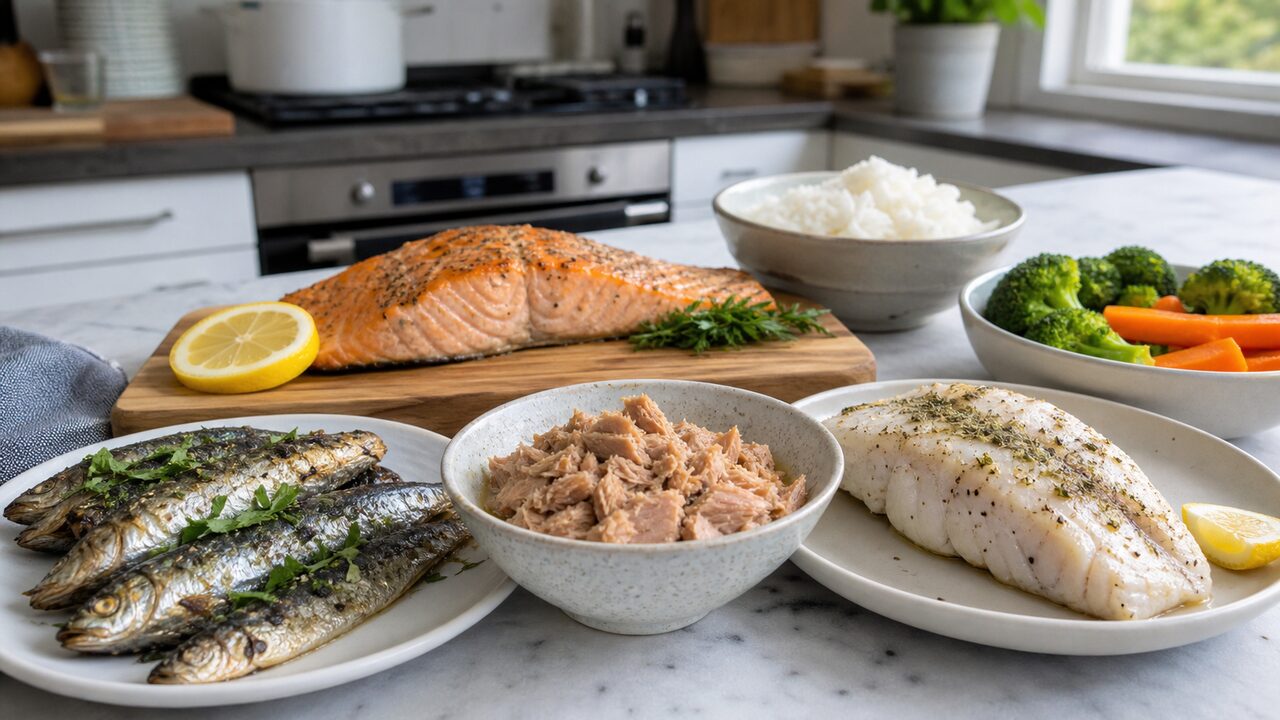 Um peixe grelhado, cortado em fatias finas, sobre uma toalha de treino com uma garrafa de água ao lado