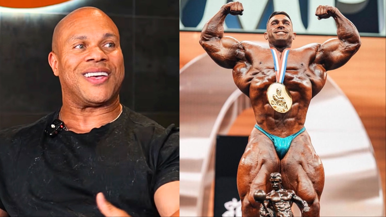 Phil Heath, vestindo camiseta de compressão, segura microfone ao lado de um troféu dourado e halteres no palco