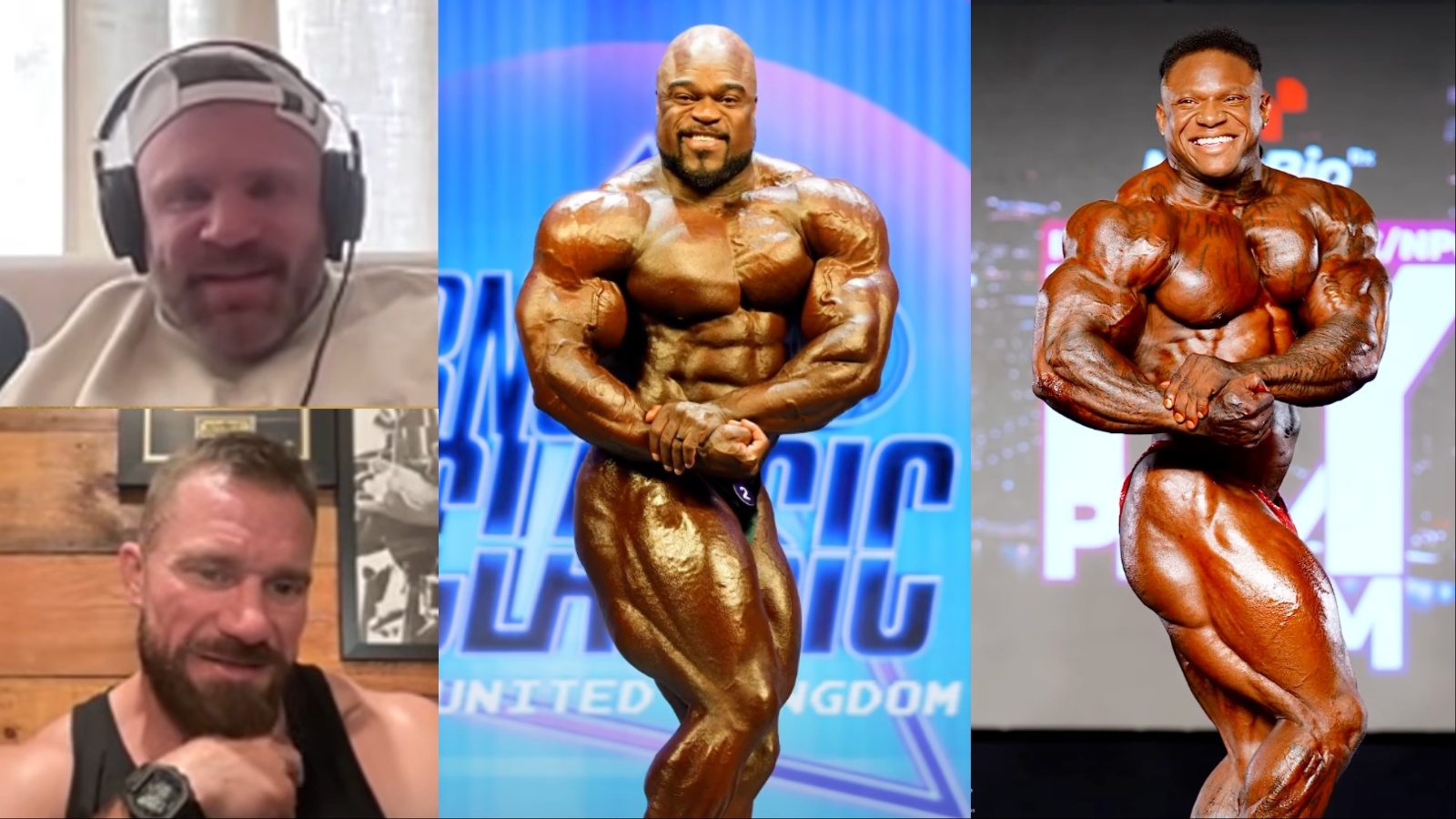 Fisiculturista profissional posando com musculatura definida sob luzes intensas de palco em competição de elite