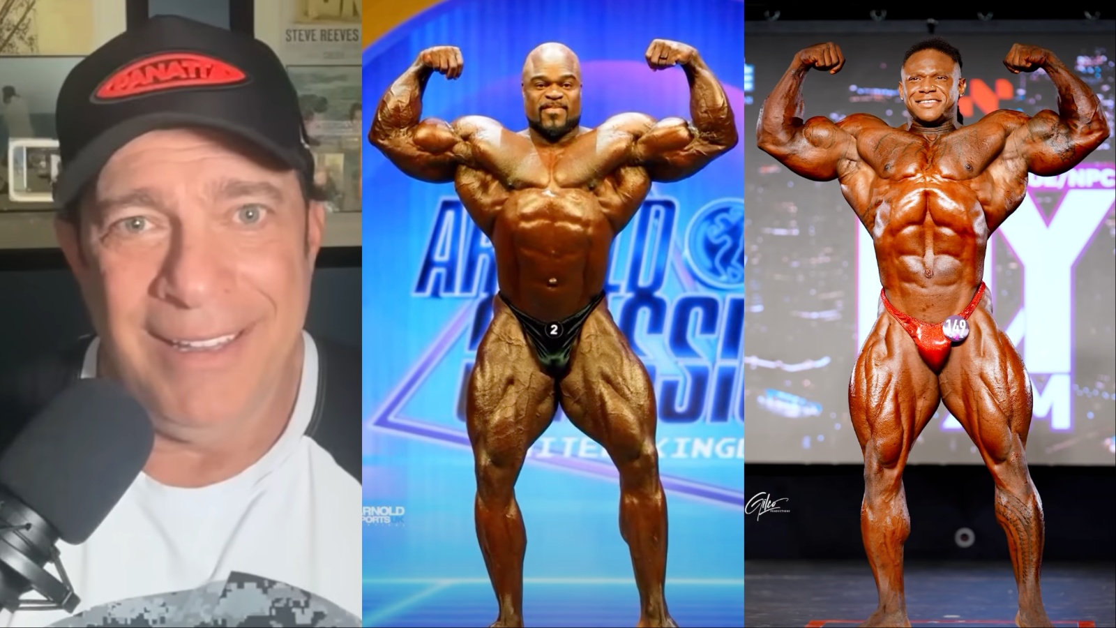 Fisiculturistas posando com músculos definidos sob luzes intensas em um palco profissional de fisiculturismo