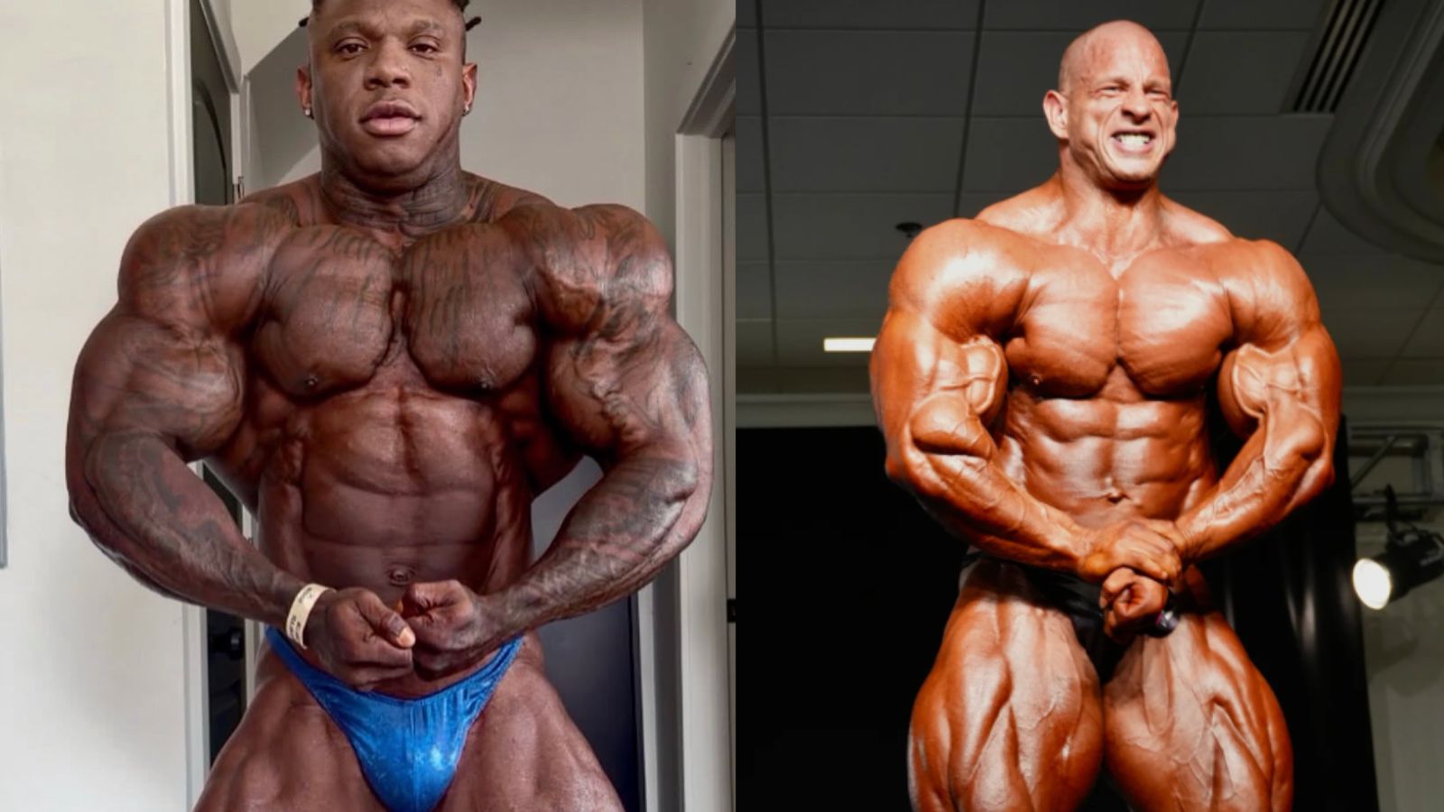 Fisiculturista posando sob luzes de palco, exibindo definição muscular extrema e vascularização em pose clássica
