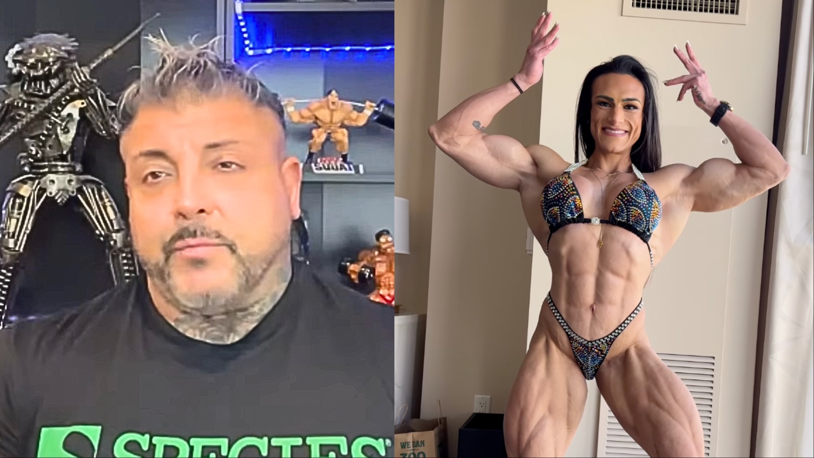 Homem musculoso segurando uma seringa ao lado de um tubo de PMMA, com halteres e suplementos ao fundo
