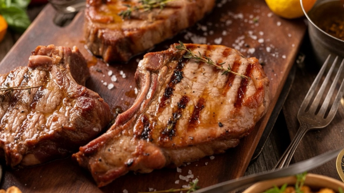 Um pork chop grelhado, com camada de gordura e osso, sobre uma grelha de aço