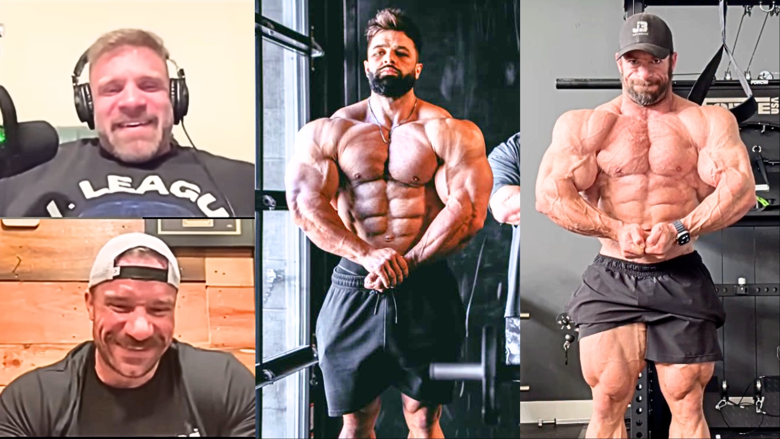 Homens musculosos em poses de competição sob iluminação forte, segurando halteres e exibindo medalhas douradas