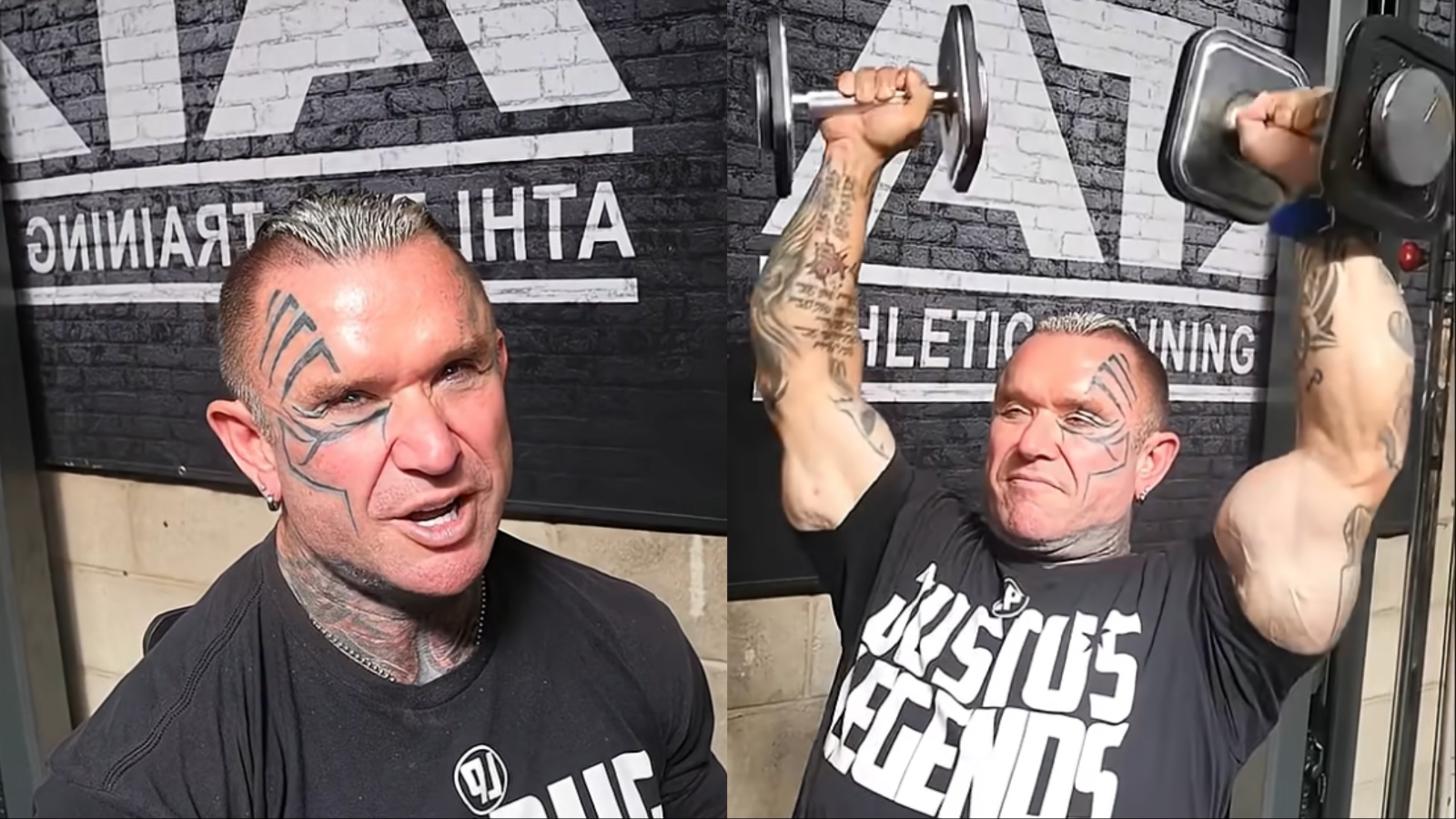 Homem musculoso segurando halteres, realizando Arnold Press diante de espelhos de academia, com barra e kettlebell ao fundo