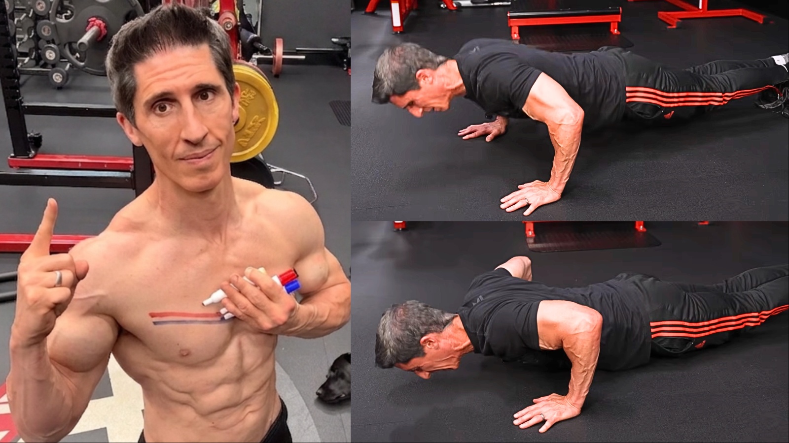 Homem em roupa esportiva faz prisoner push-up, mãos atrás da cabeça, peito tensionado, sobre um tapete de ginásio