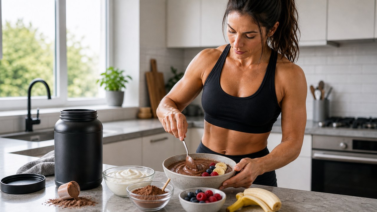 Um prato de protein pudding com iogurte grego, proteína em pó e frutas frescas