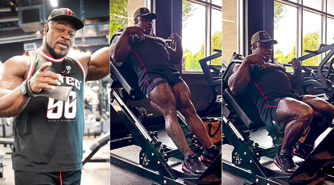 Um homem em uma máquina de hack squat, com um wedge sob os pés, realizando um exercício de alta intensidade
