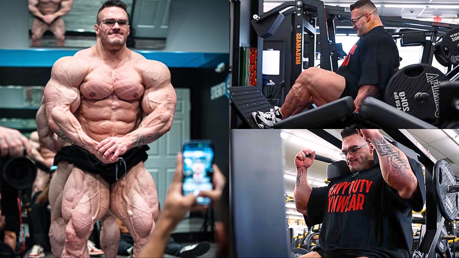 Homem musculoso executa leg press pesado enquanto ao lado há halteres, máquina hack squat e faixa BFR pronta para uso
