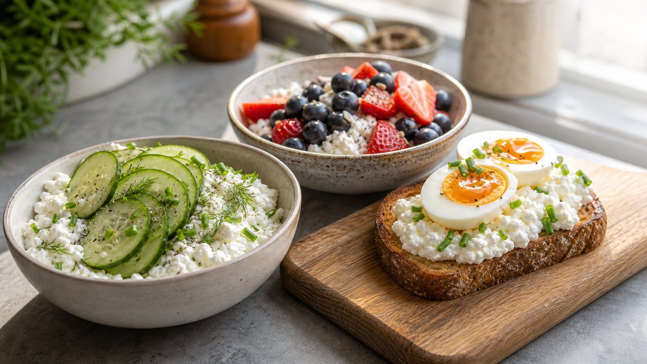 Cottage cheese em tigela, coberto com morangos, chia, aveia e um fio de mel, acompanhado de uma barra de proteína