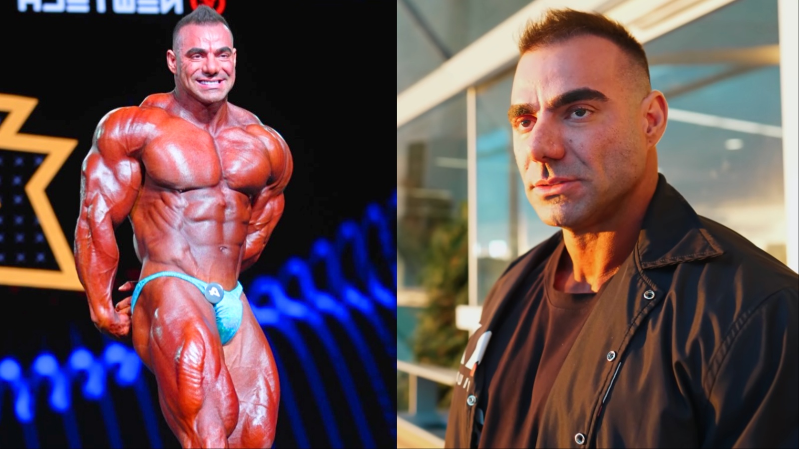 Fisiculturista em treino intenso de musculação, focado na execução com halteres em uma academia de alto desempenho