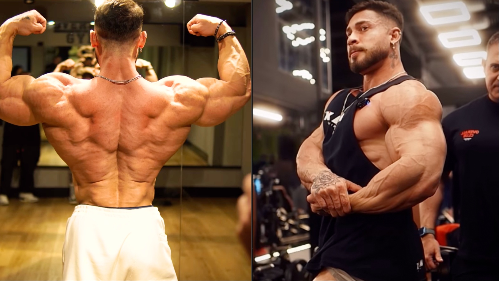 Um fisiculturista musculoso com uma barriga de abdominais definida e braços com cordas de treino ao fundo