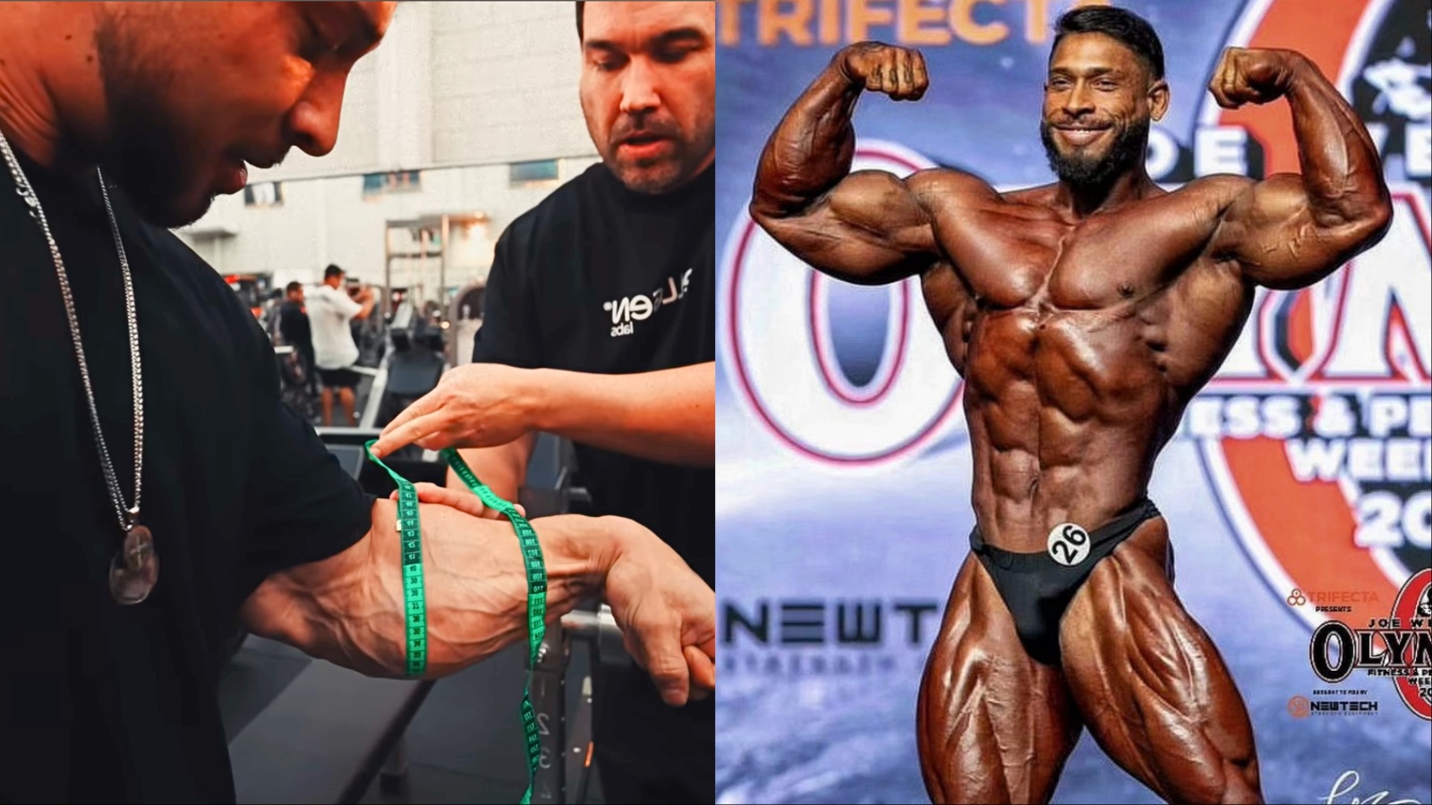 Um homem com antebraços musculosos e definidos, segurando um martelo de peso livre
