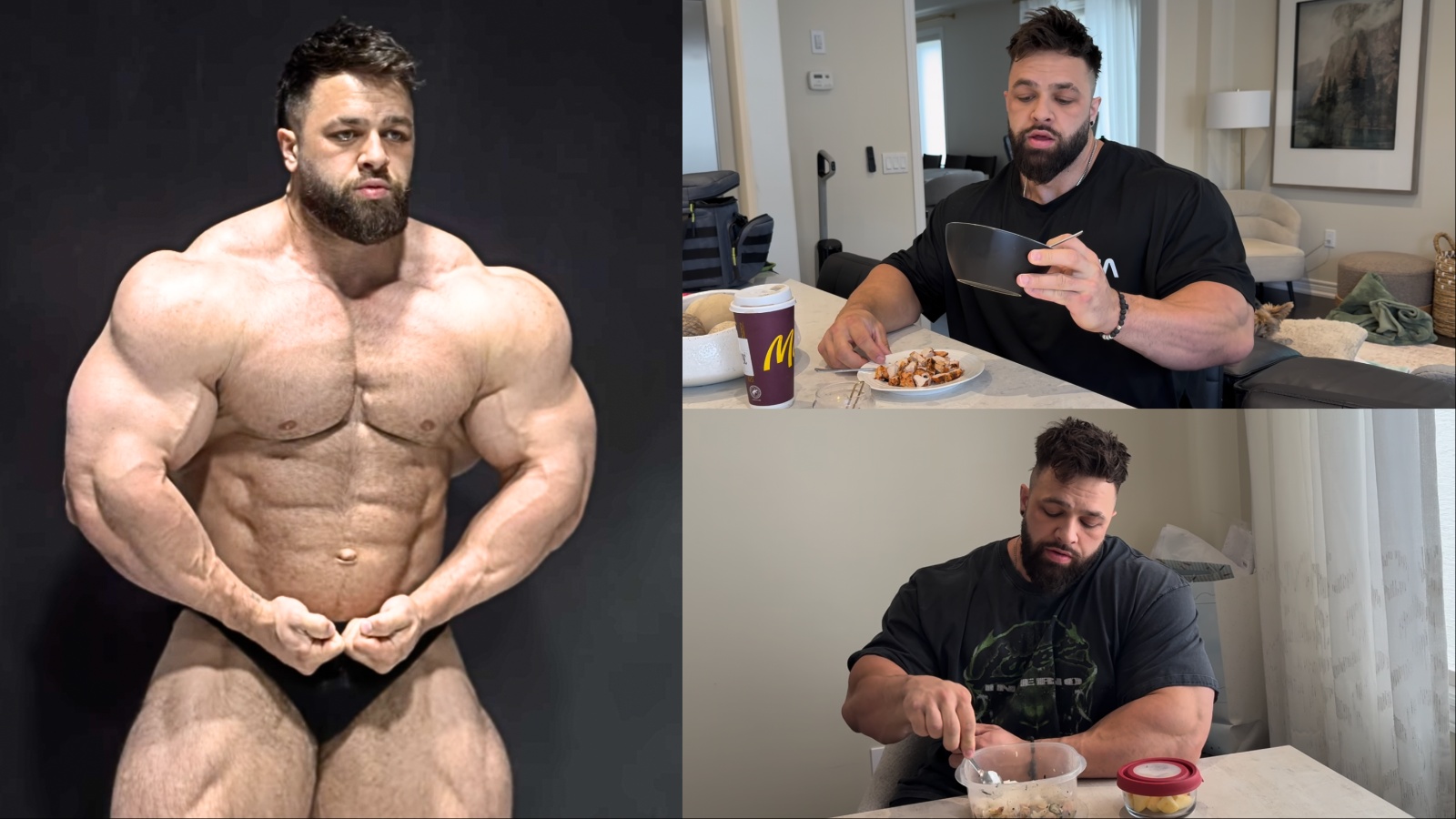 Regan Grimes ao lado de pratos com peito de frango grelhado, arroz integral, brócolis, ovos mexidos, abacate e shake de proteína