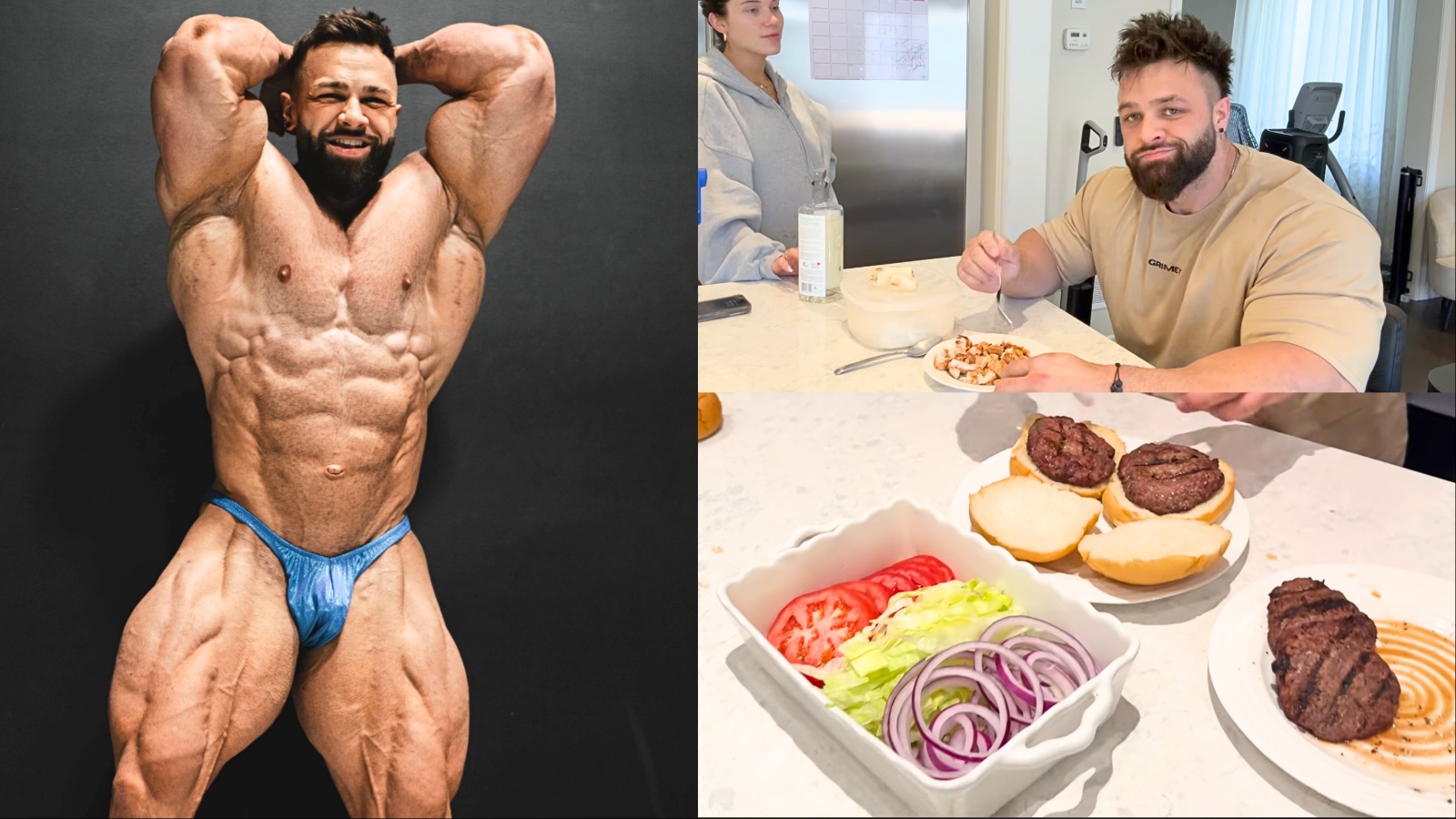 Regan Grimes segurando um prato enorme de arroz, batata doce e peito de frango, ao lado de uma garrafa de whey e um cronômetro