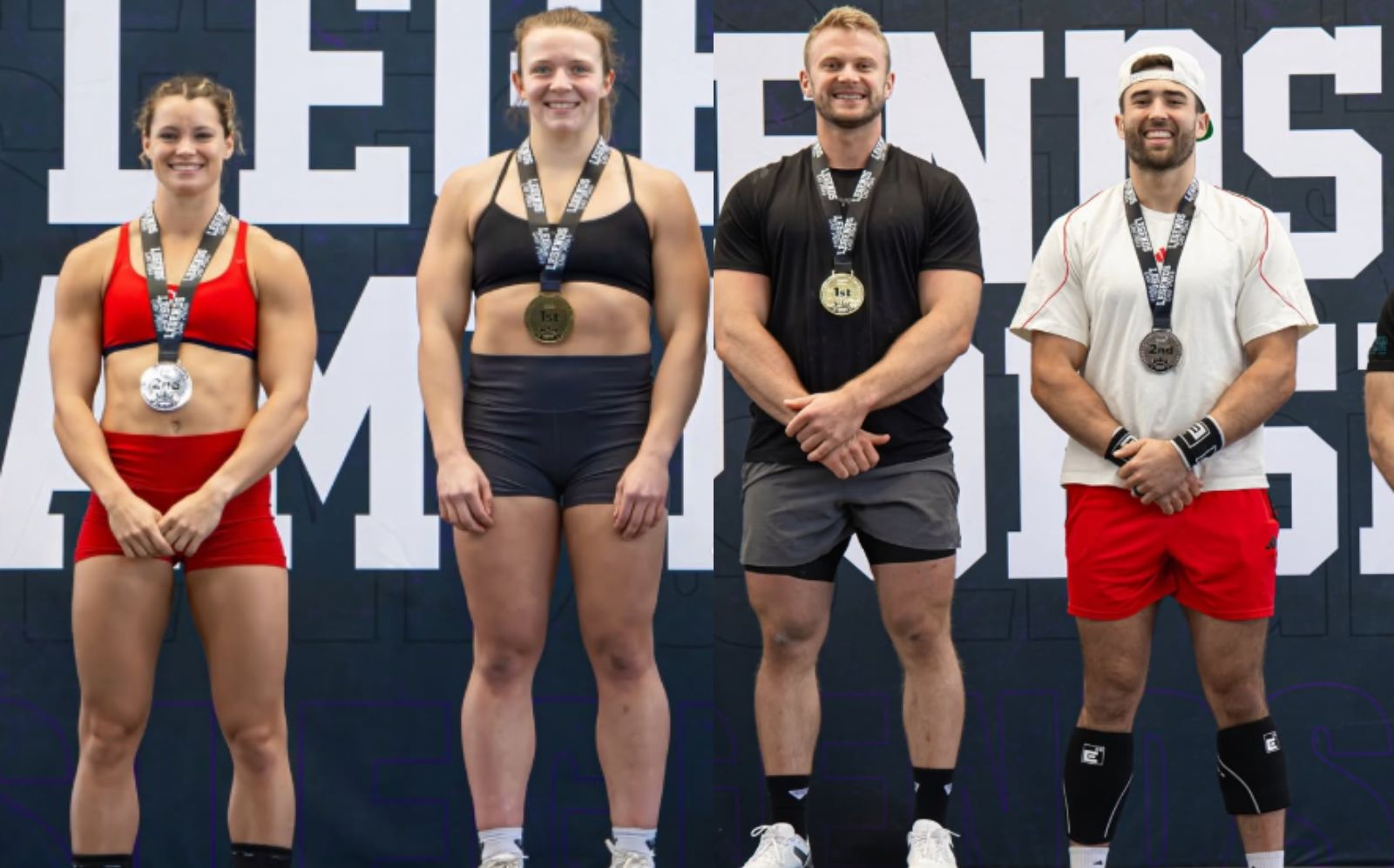 Atletas de CrossFit em alta intensidade realizando levantamento de peso olímpico com barras e anilhas em uma arena