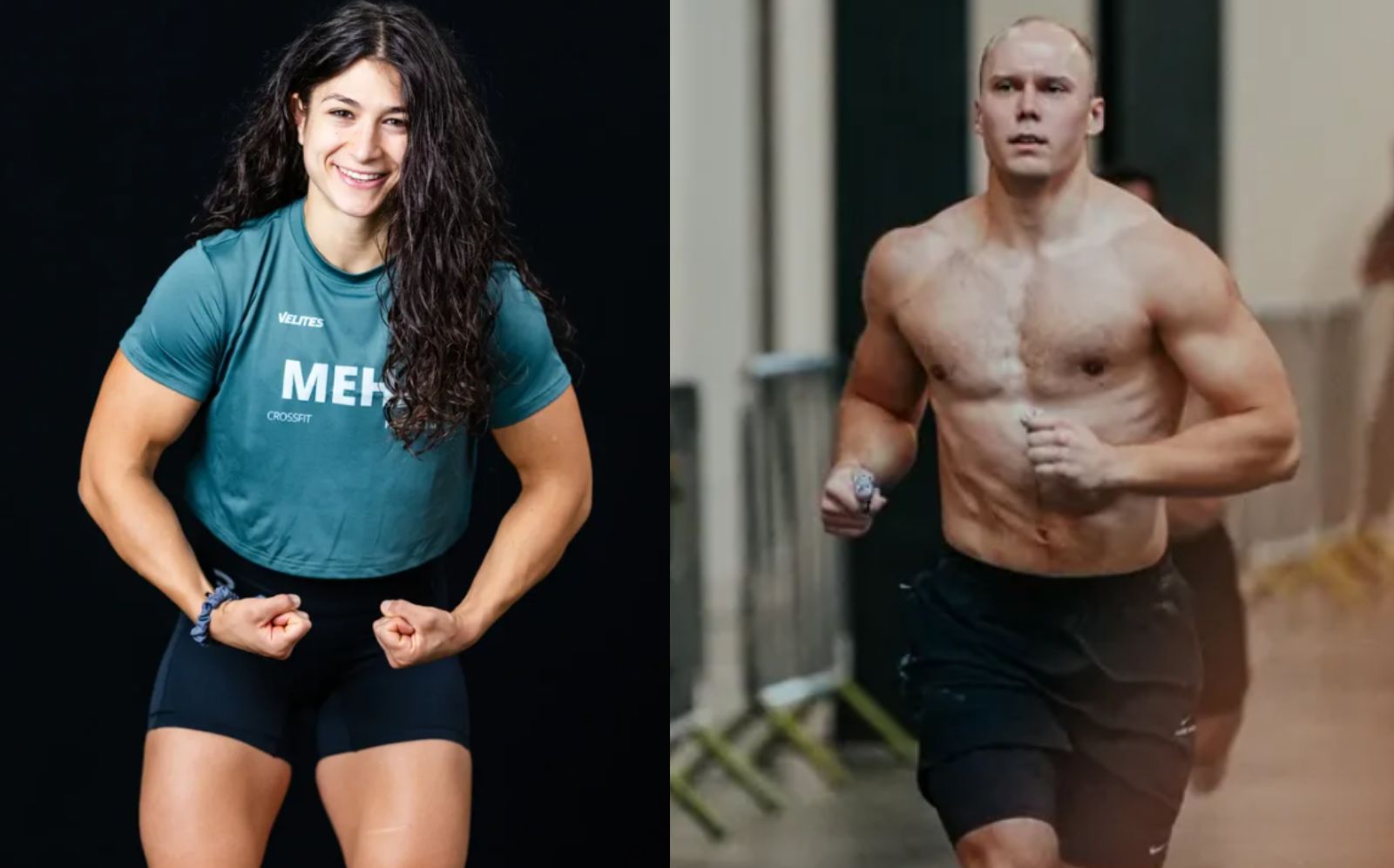 Atleta de CrossFit realizando um movimento de levantamento de peso olímpico em uma arena com anilhas e barras