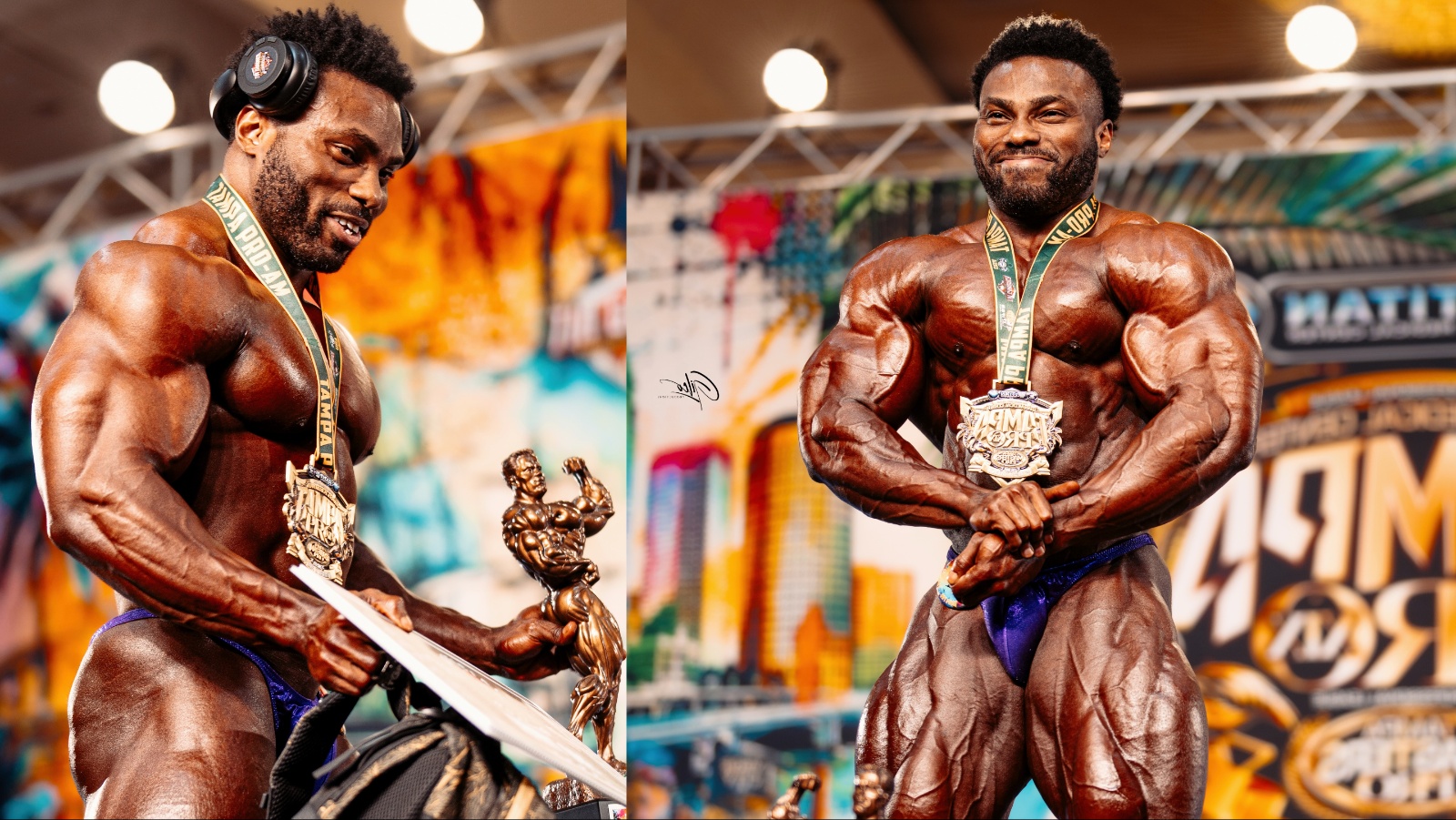 Atleta de elite suando intensamente, segurando halteres, ao lado de garrafa de água, frutas e suplemento de eletrólitos