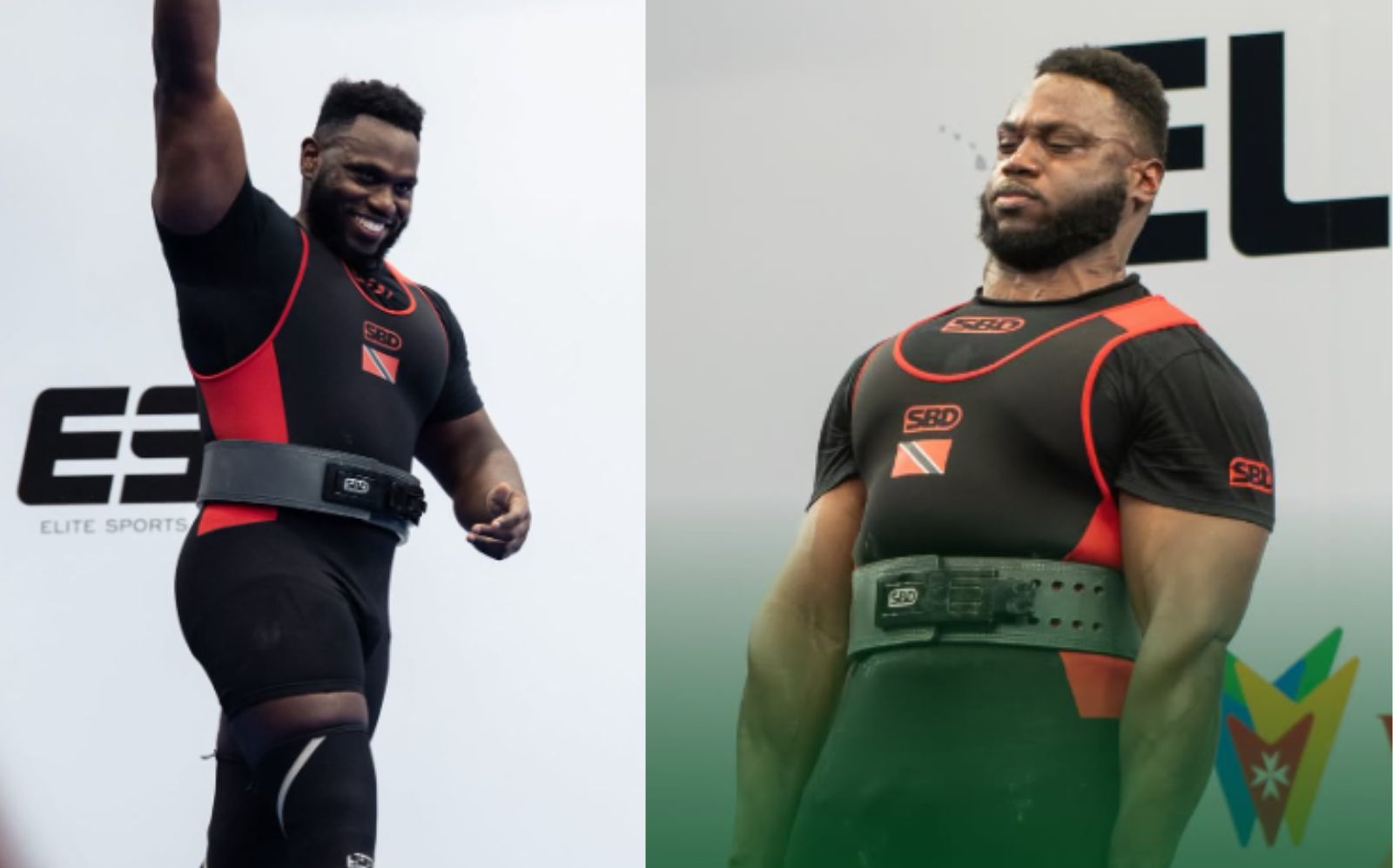 Rondel Hunte executando squat com barra carregada de 400 kg, rodeado de placas de peso e juízes ao fundo