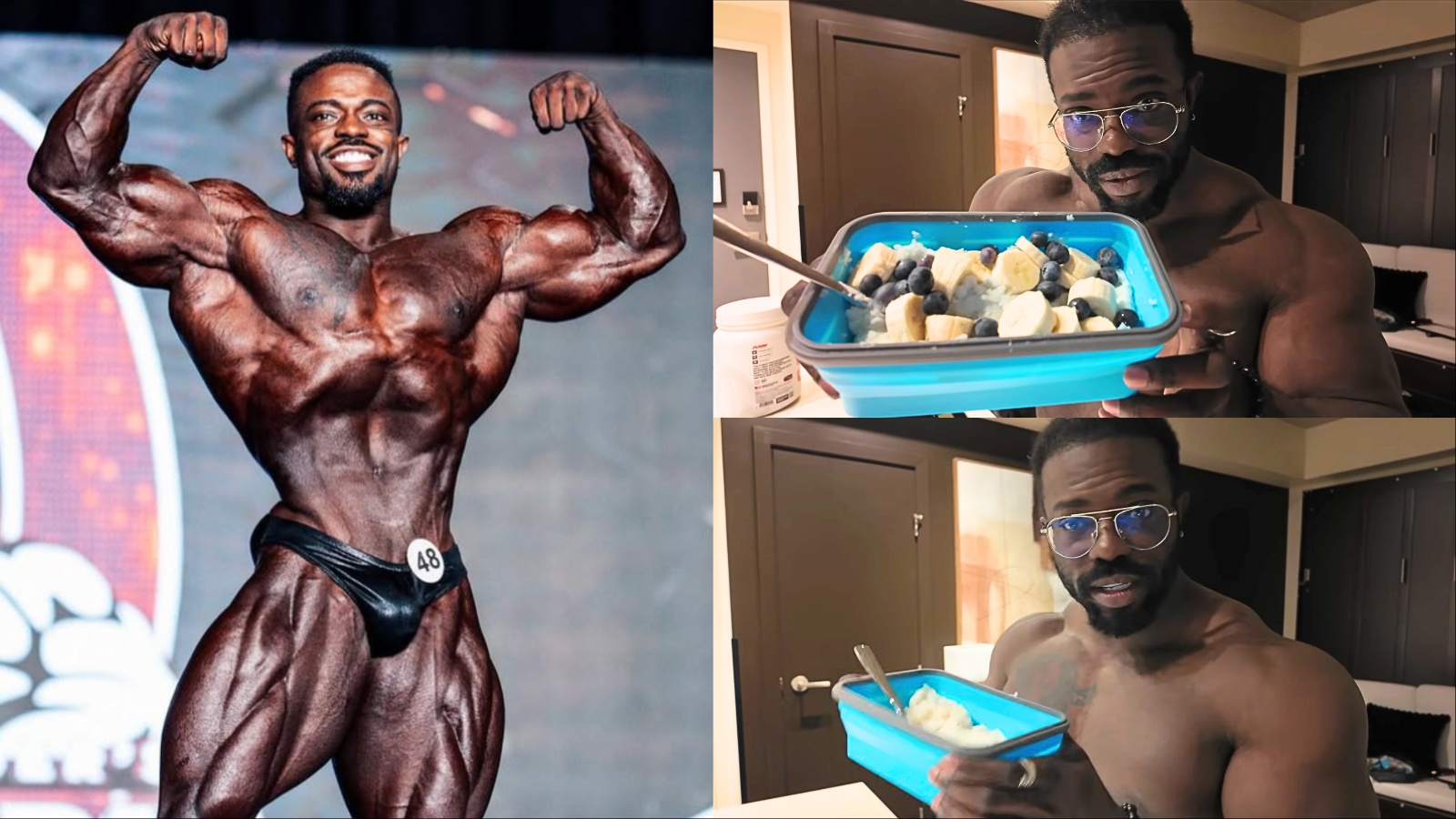 Um prato recheado de carne magra, ovos e frutas frescas, sobre uma mesa de treino com equipamentos de força