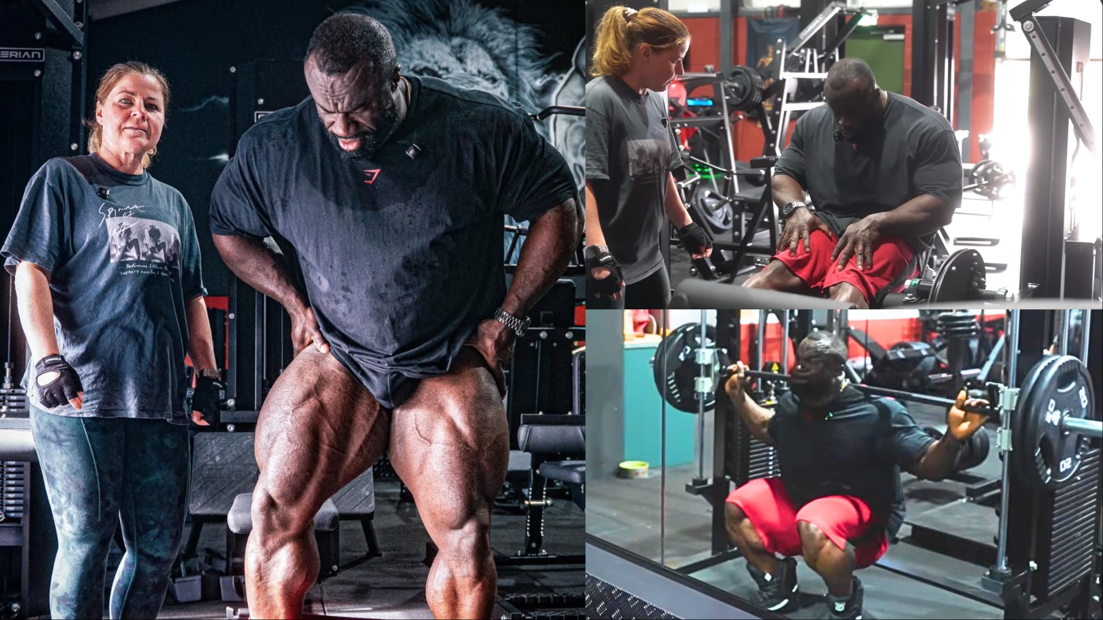 Samson Dauda executa superset de leg press e agachamento pesado, com halteres, barra e rack ao fundo