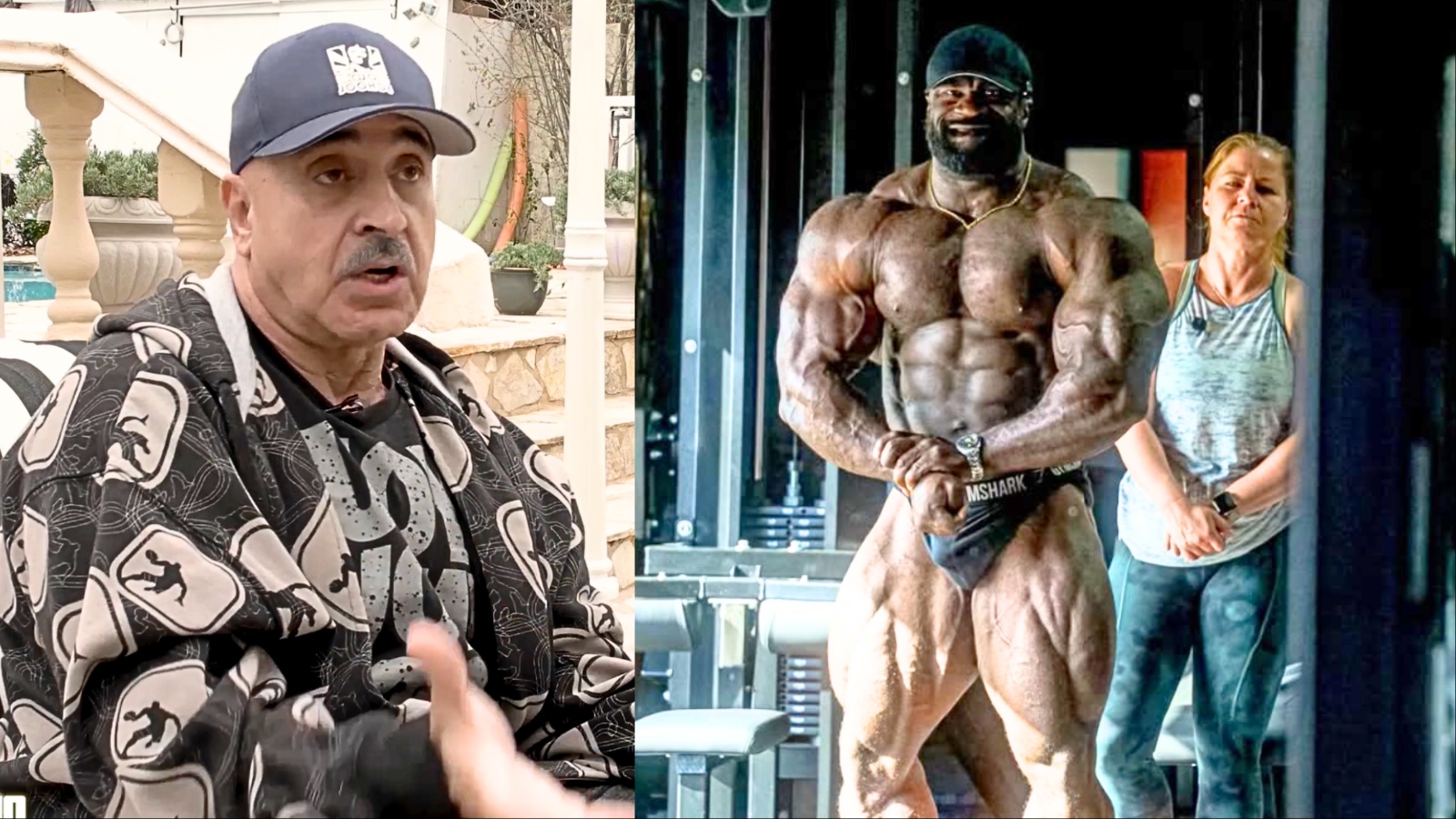 Samson Dauda em pose de costas, segurando halteres, com iluminação dramática e bandeira americana ao fundo