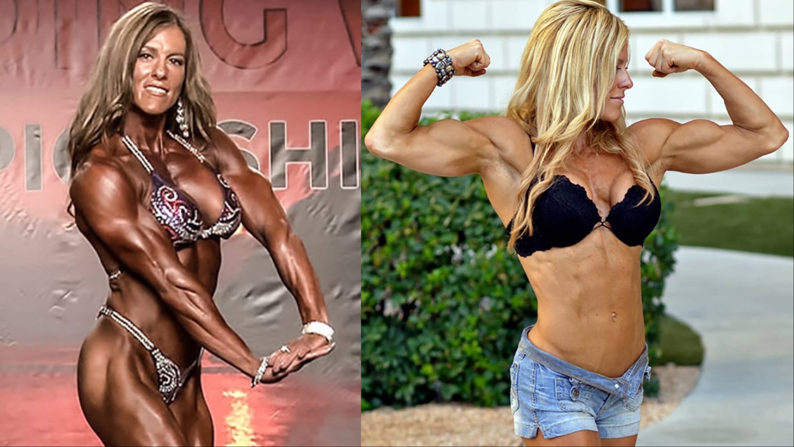 Uma mulher musculada e sorridente, com um prato de frutas e vegetais ao lado de um peso de treino
