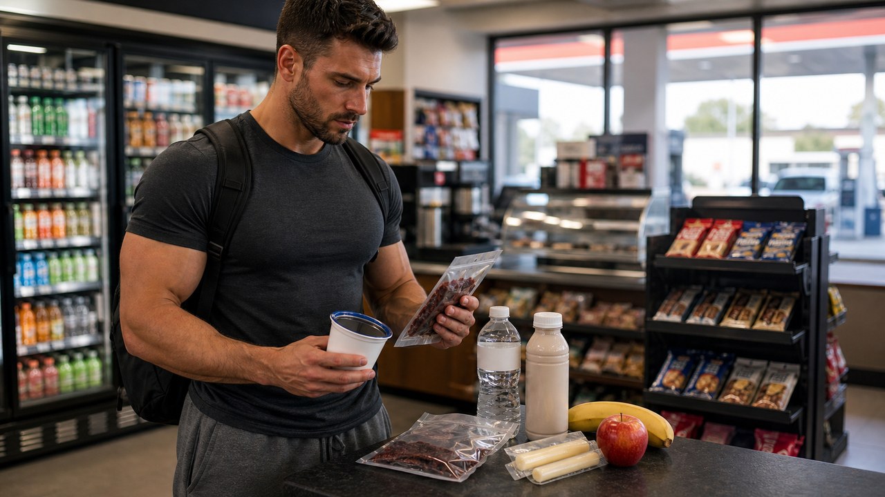 Um atleta comendo um bolo de aveia em um posto de gasolina