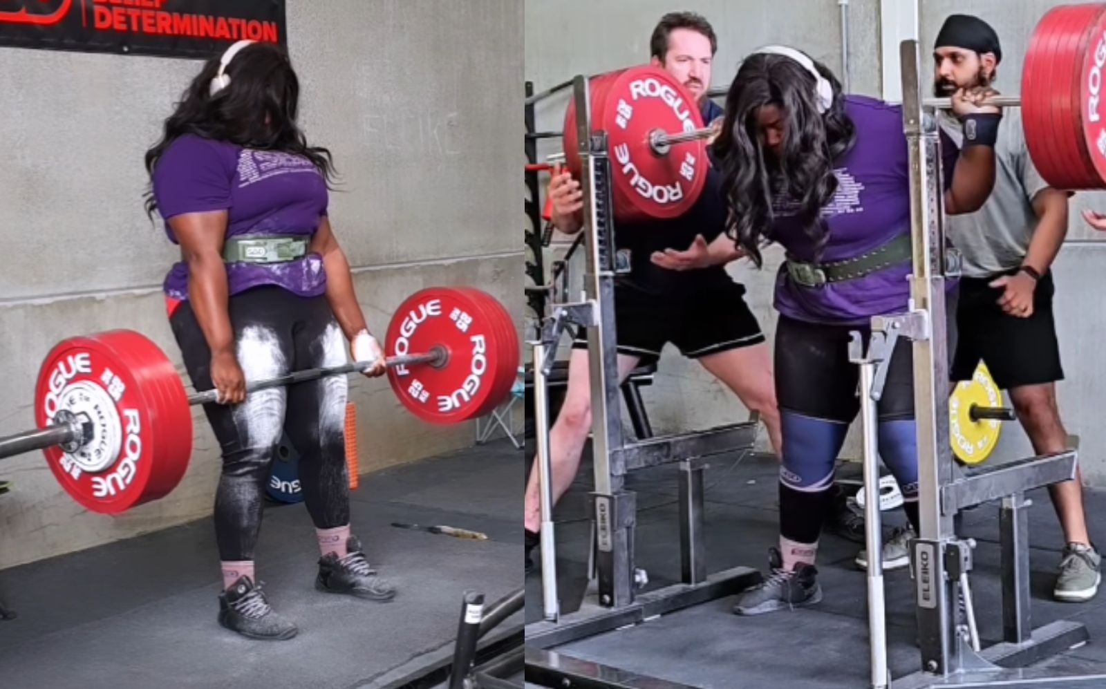 Barras de ferro empilhadas, uma atleta feminina em calça de compressão exibe um squat com 320 kg, mostrando potência máxima